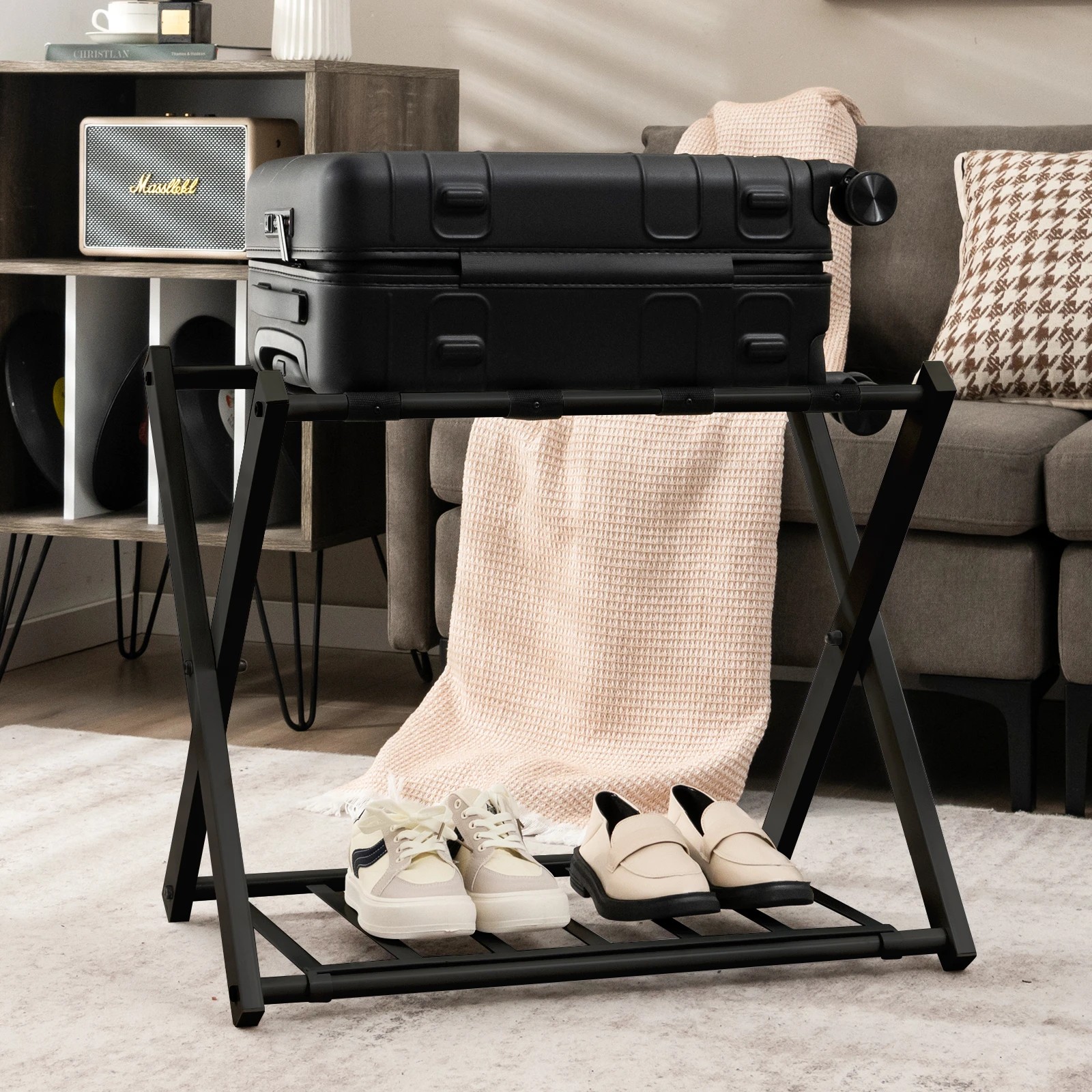 2 Costway 2PC Folding Iron Luggage Rack Suitcase Stand w/Shelf Bag Suitcase Storage for Motel Hotels, 2 of 4