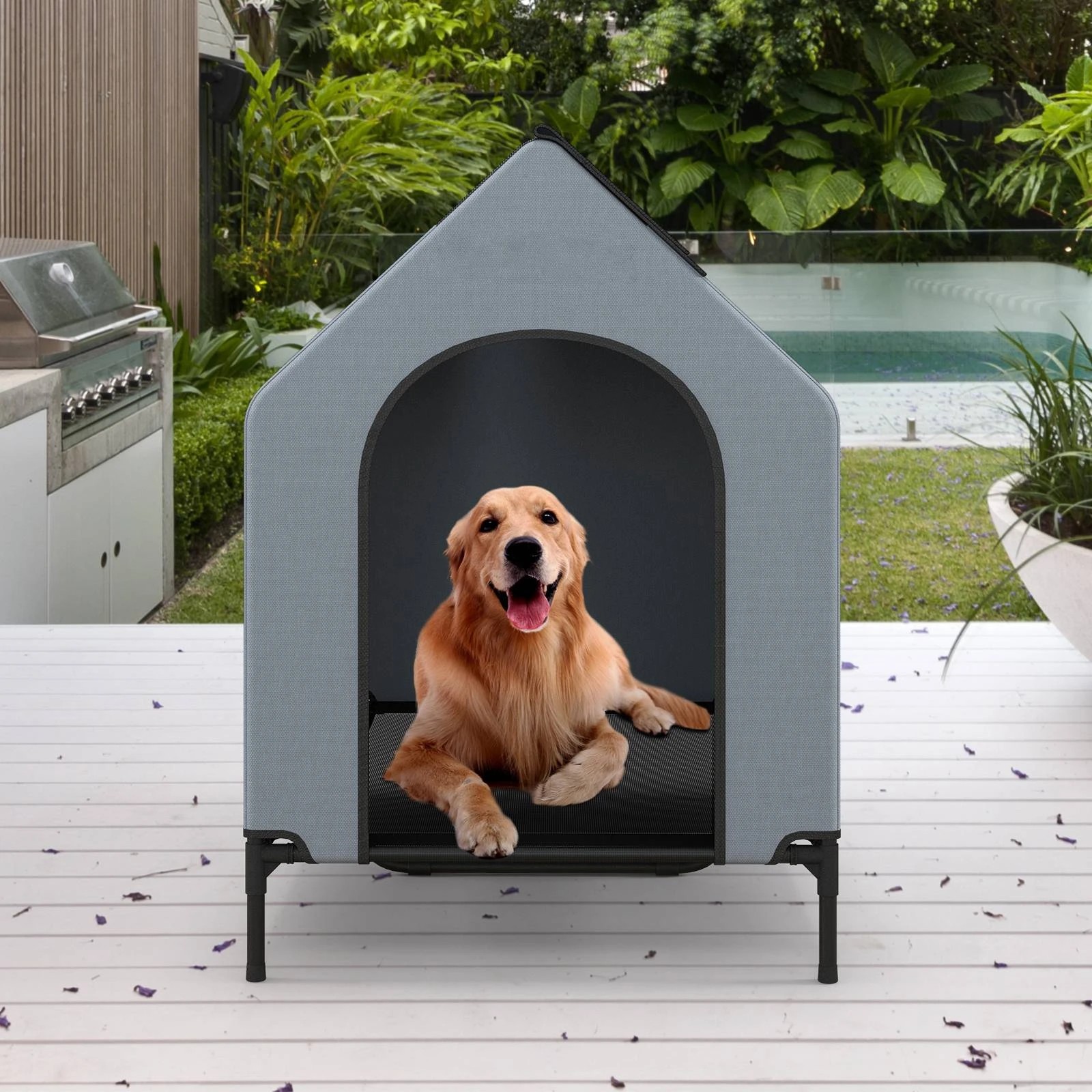 2 Costway Elevated Dog Kennel House w/Elevated Mesh Bed Outside Pet Shelter 108x106x75cm - Grey, 2 of 2