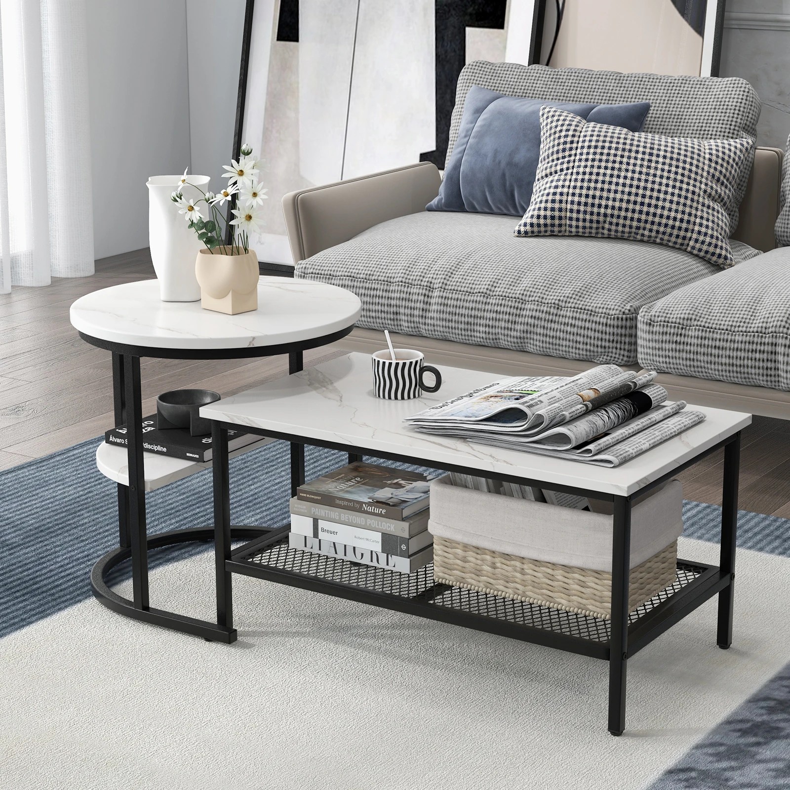 3 Costway Coffee Table Nesting Set of 2 w/Faux Marble Tabletop Stacking Side Table - Black, 3 of 6