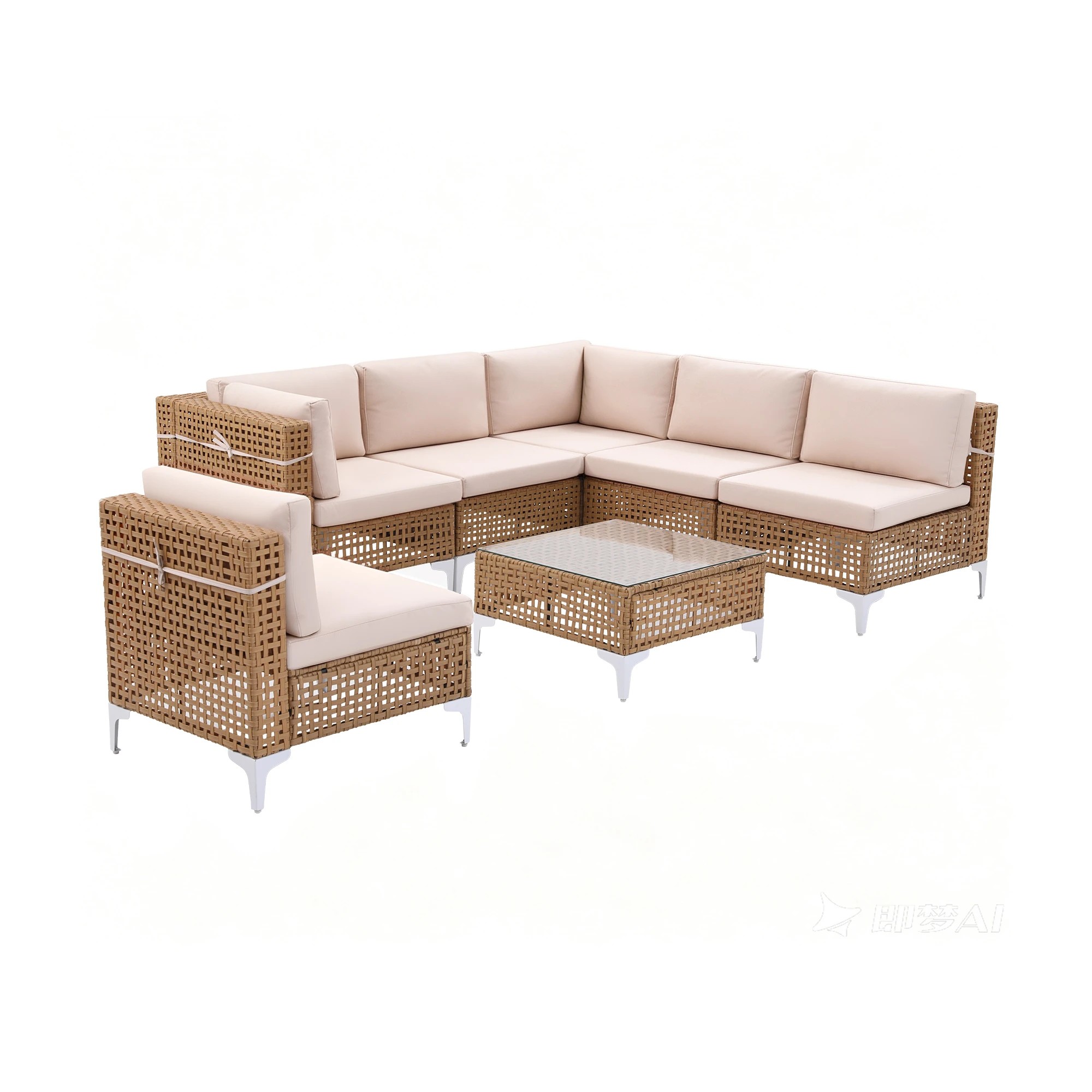 1 Gardeon 6 Seater Outdoor Sofa Set 7PCS Table Chair Set Garden Rattan Patio Furniture - Beige, 1 of 7