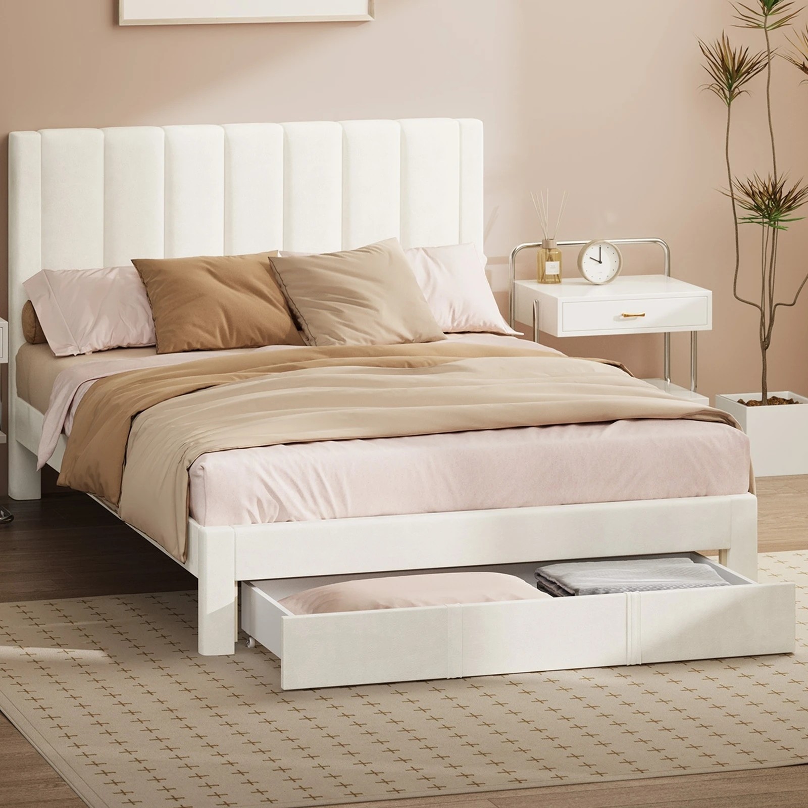 8 Oikiture Bed Frame Double Size Headboard Platform Base with Drawer - Beige, 8 of 8