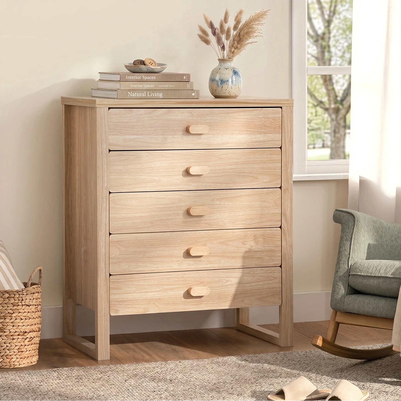 4 Oikiture 5 Chest of Drawers Dresser Tallboy Storage Desk Bedroom - Natural, 4 of 8