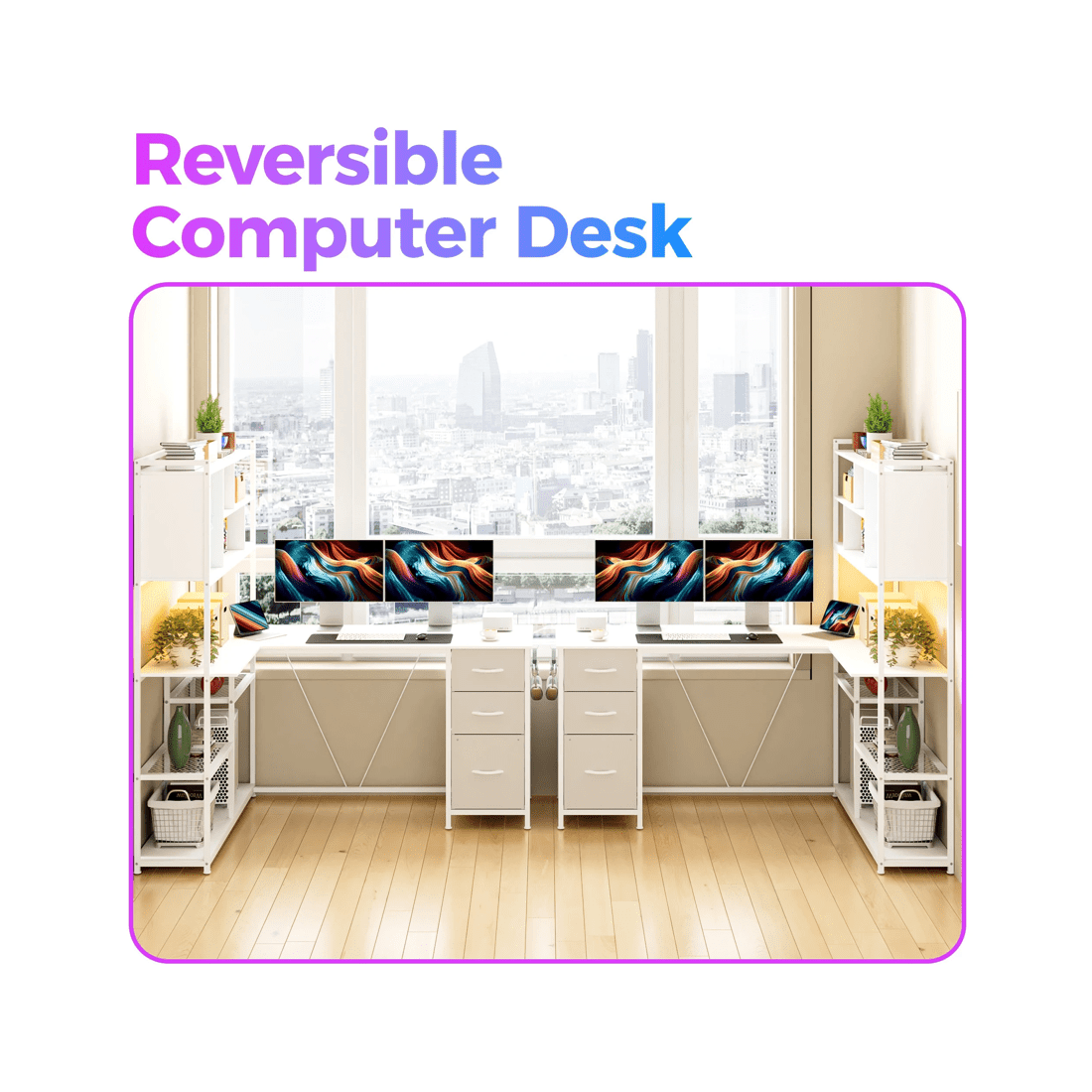 6 Advwin L Shaped Gaming Desk With Led Lights Reversible 148cm Computer Desk With 3 Drawers And Bookshelf White, 6 of 9