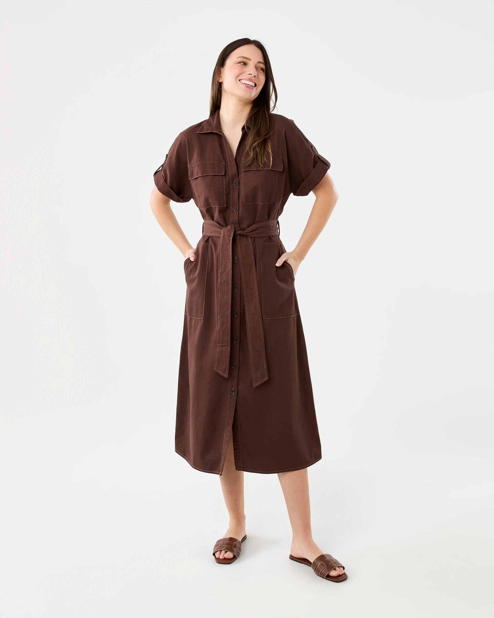 1 Short Sleeves Utility Midi Dress Deep Cocoa, 1 of 7