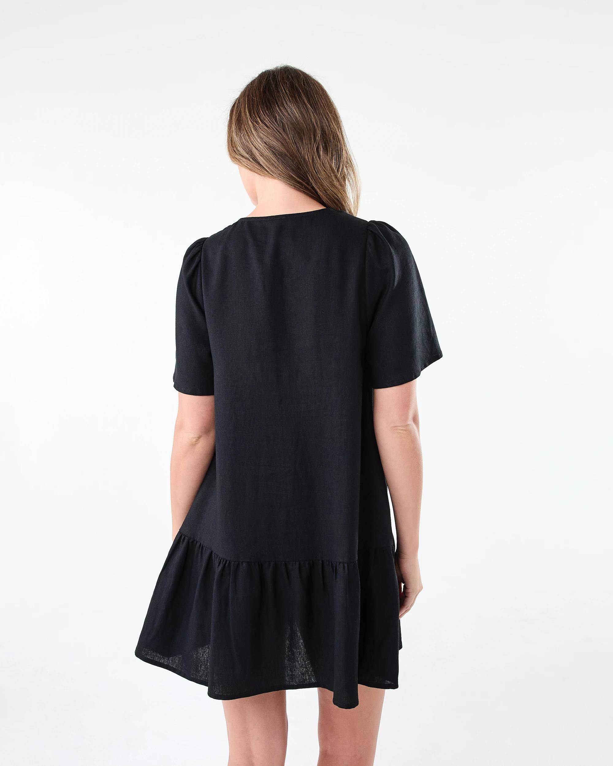 3 Short Sleeve Linen Blend Drop Tier Mini Dress Black, 3 of 8