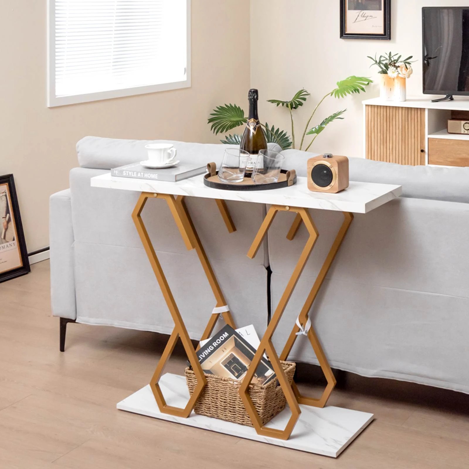 4 Costway Faux Marble Entryway Table Console Table w/Metal Frame Hallway Side Table, 4 of 4
