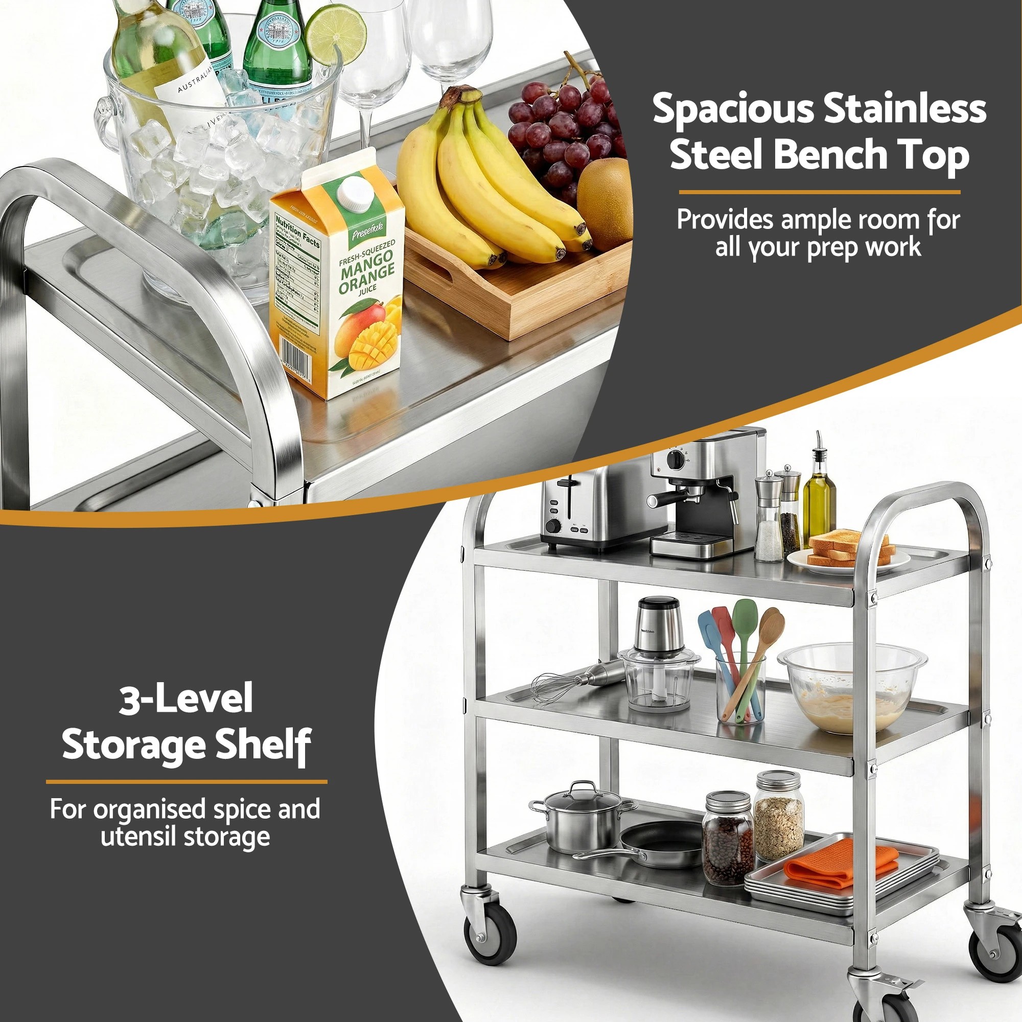 2 Cefito 3-Tier Stainless Steel Kitchen Trolley with Wheels 89X50X83cm - Silver, 2 of 6