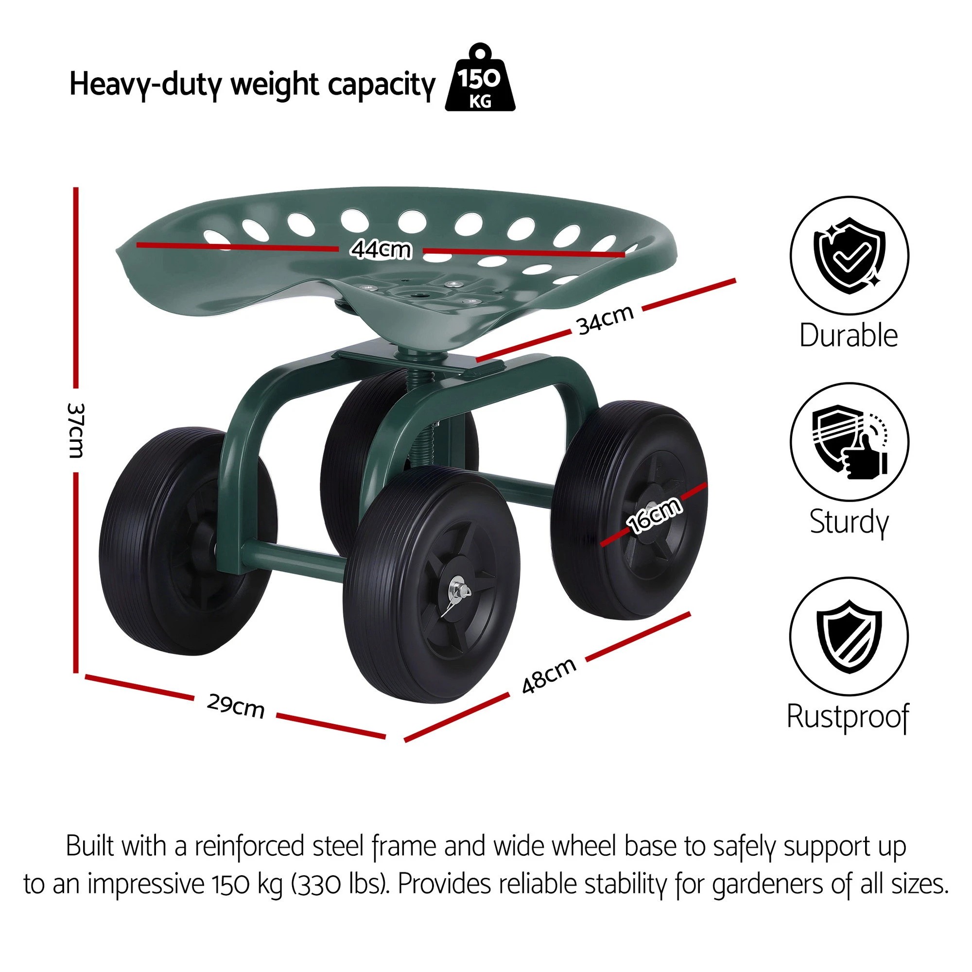 2 Gardeon Garden Seat 360 Swivel Rolling Adju Height Work Scooter Cart Wheels Heavy Duty 150kg - Multi, 2 of 9