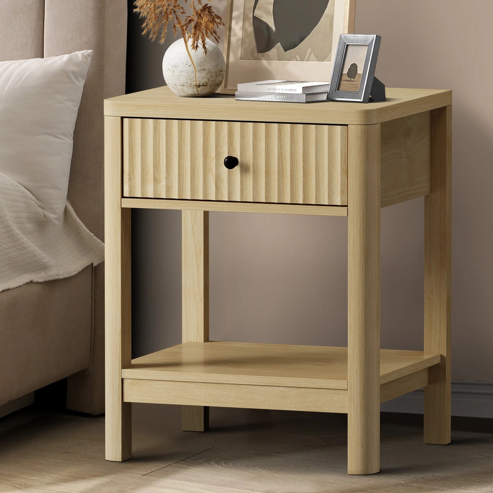 2 Oikiture Bedside Table Drawer Side End Table Shelfs Storage Nightstand
 - Natural, 2 of 10