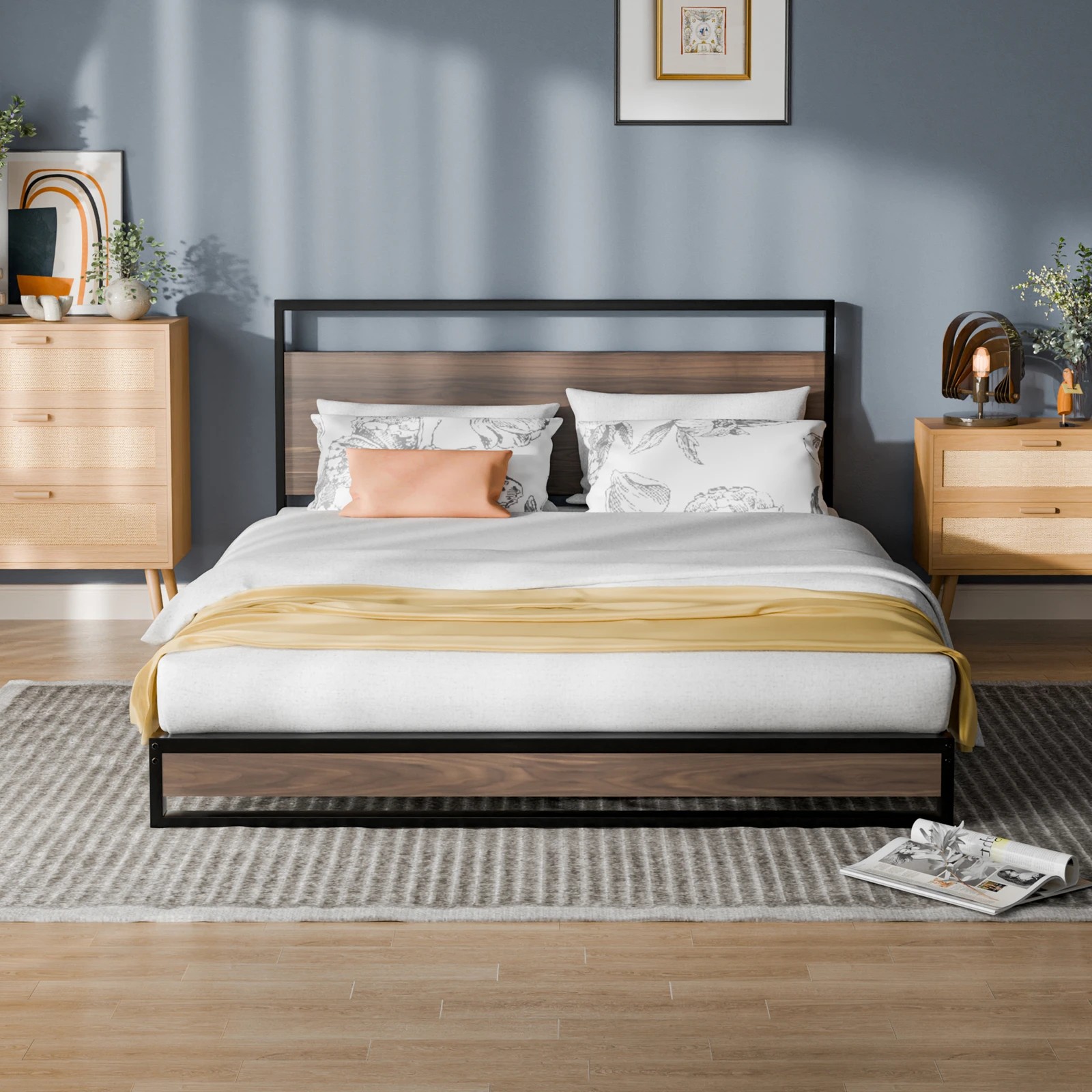 4 Alfordson Metal Bed Frame Double Size Industrial Platform Mattress Base - Wood - Natural, 4 of 10