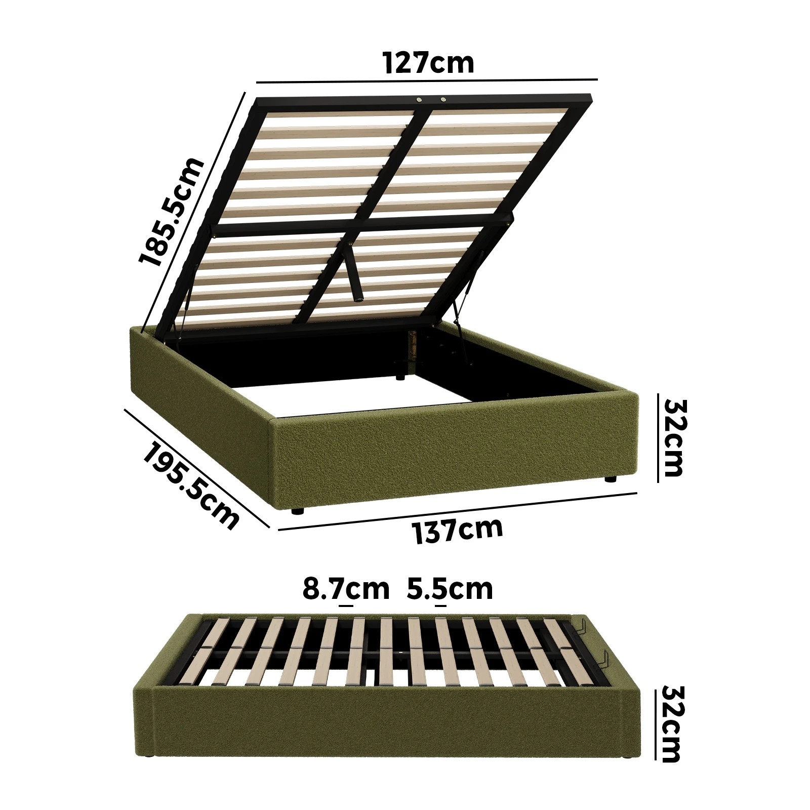 2 Oikiture Bed Frame Double Size Gas Lift Base with Storage Boucle - Green, 2 of 8