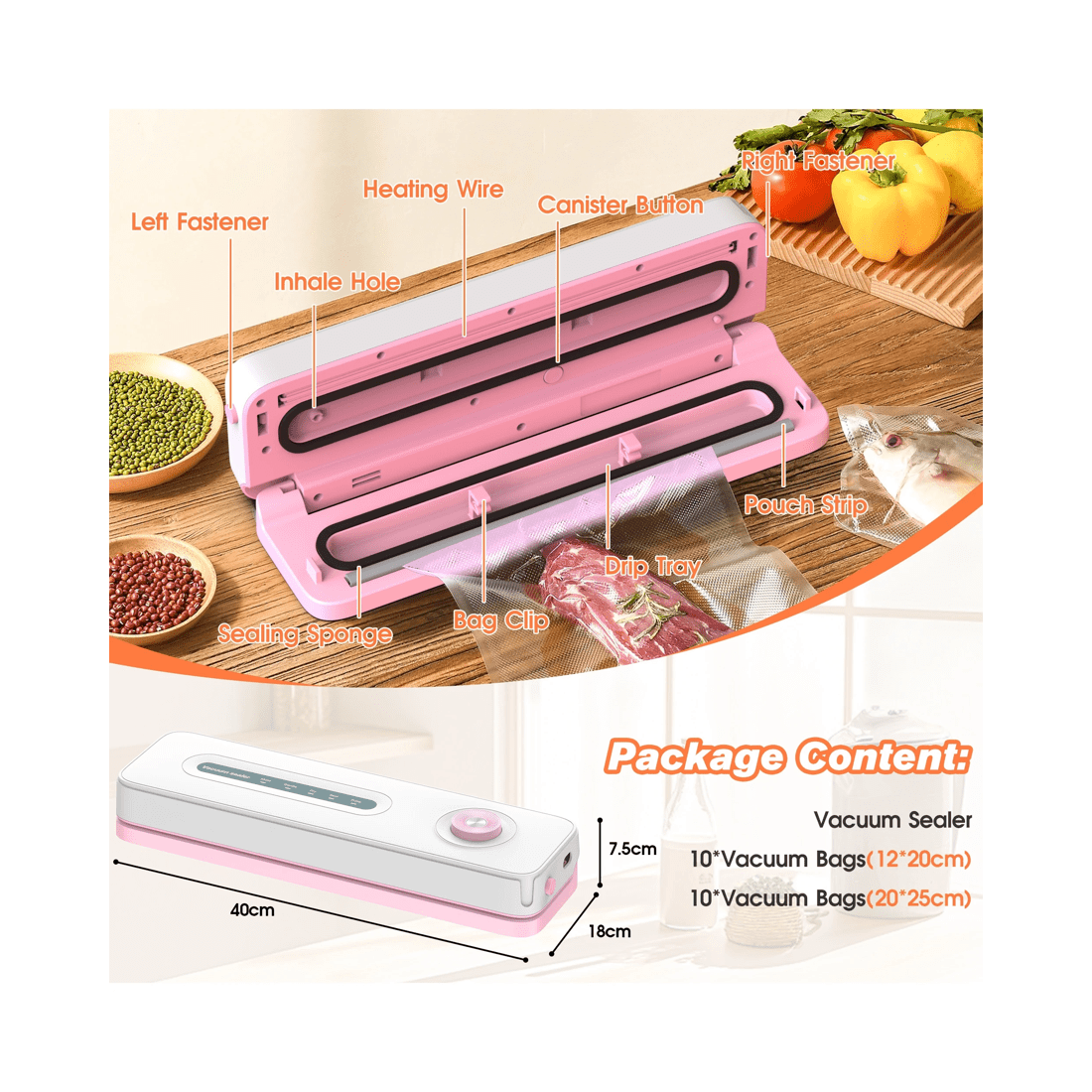 7 Advwin Vacuum Sealer Machine, 60kpa Food Sealer With 20 Vacuum Bags, Pink, 7 of 7