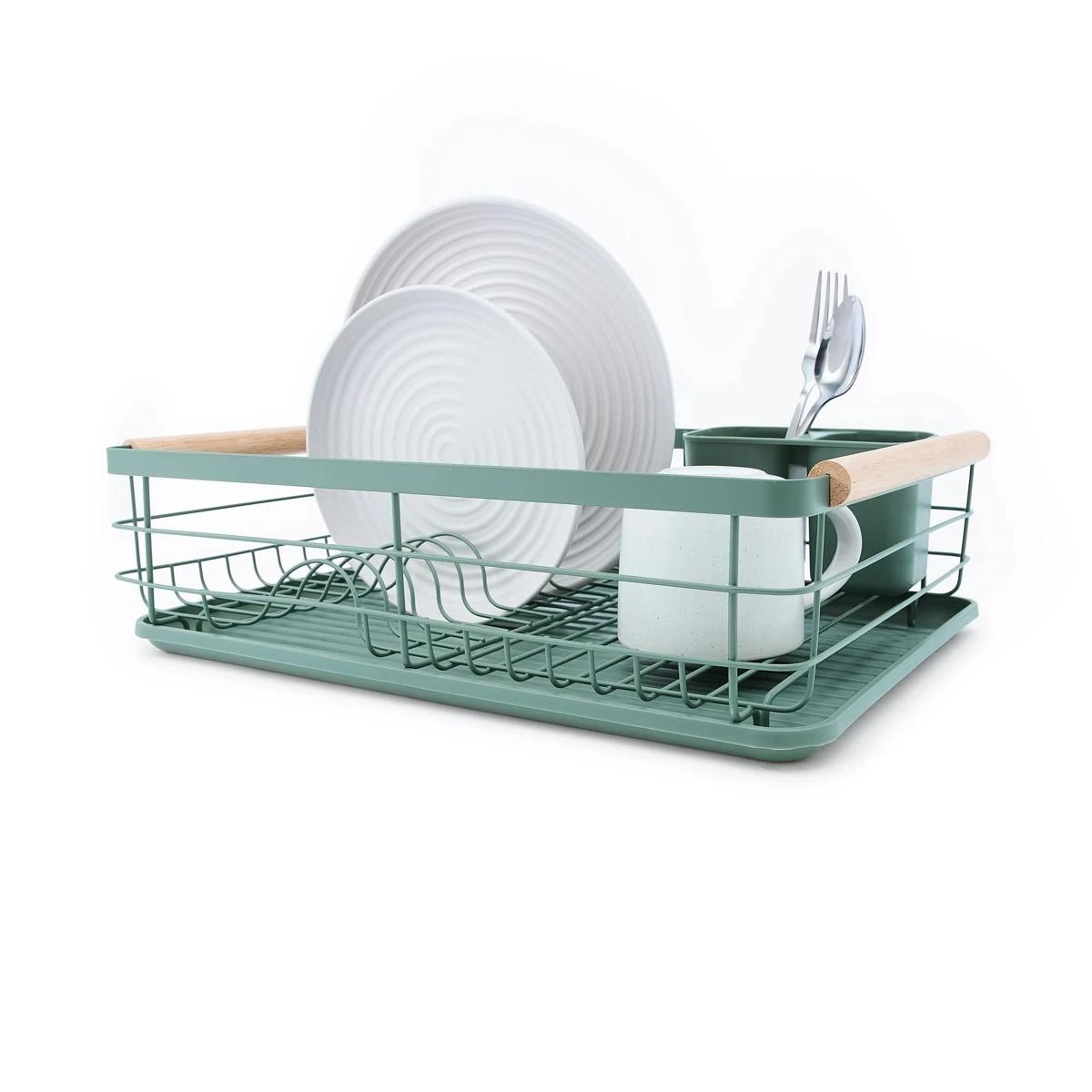 1 Green Wooden Handle Dish Rack, 1 of 9