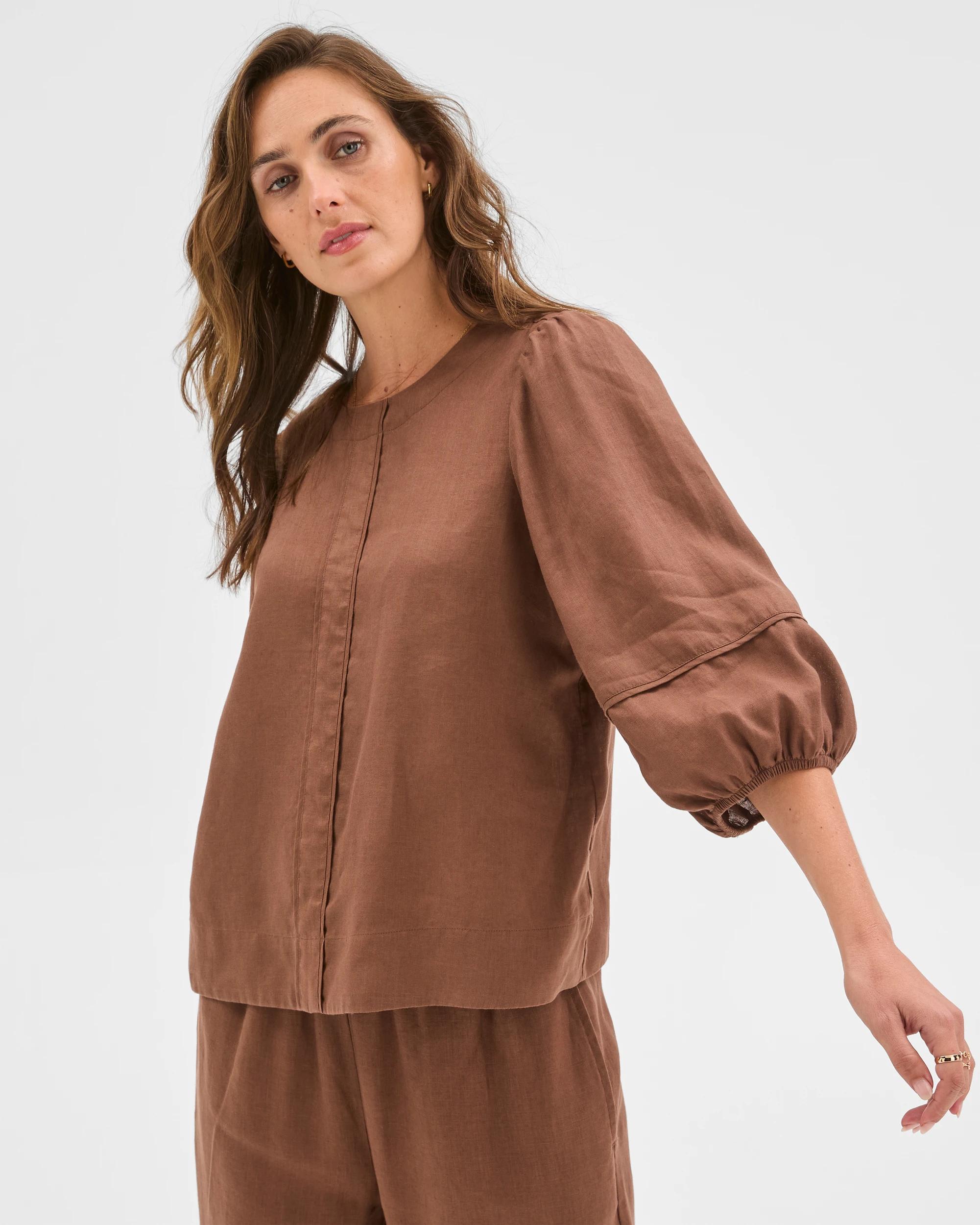 3 Target Woman European Linen Popover Blouse WARM BROWN, 3 of 6