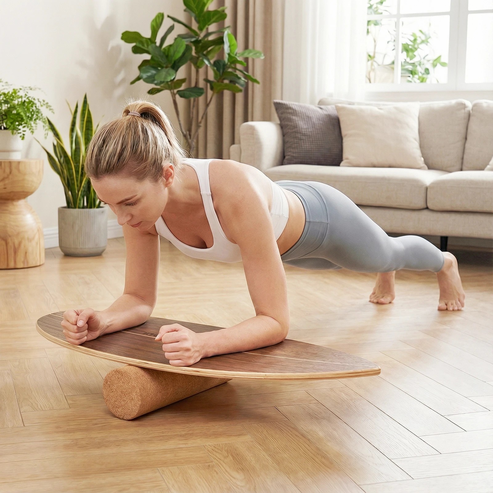 3 Costway Wood Wobble Balance Board Trainer w Cork Roller & Storage Rack Home Gym Exercise - Natural, 3 of 4