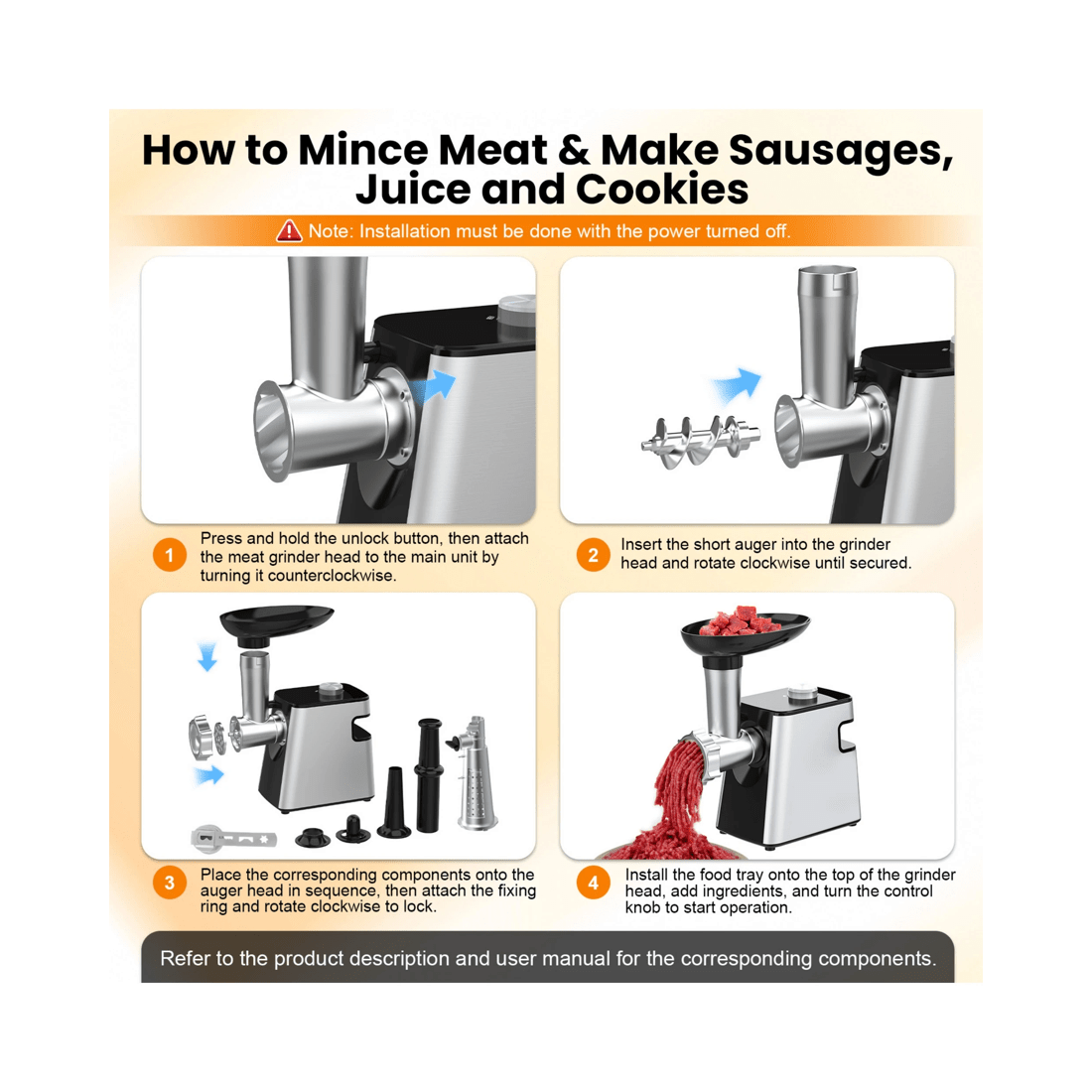 6 Advwin 8-IN-1 Electric Multi Food Processor, Cheese Grater, Meat Grinder Veges Slicer Shredder Sausage Stuffer, 6 of 8