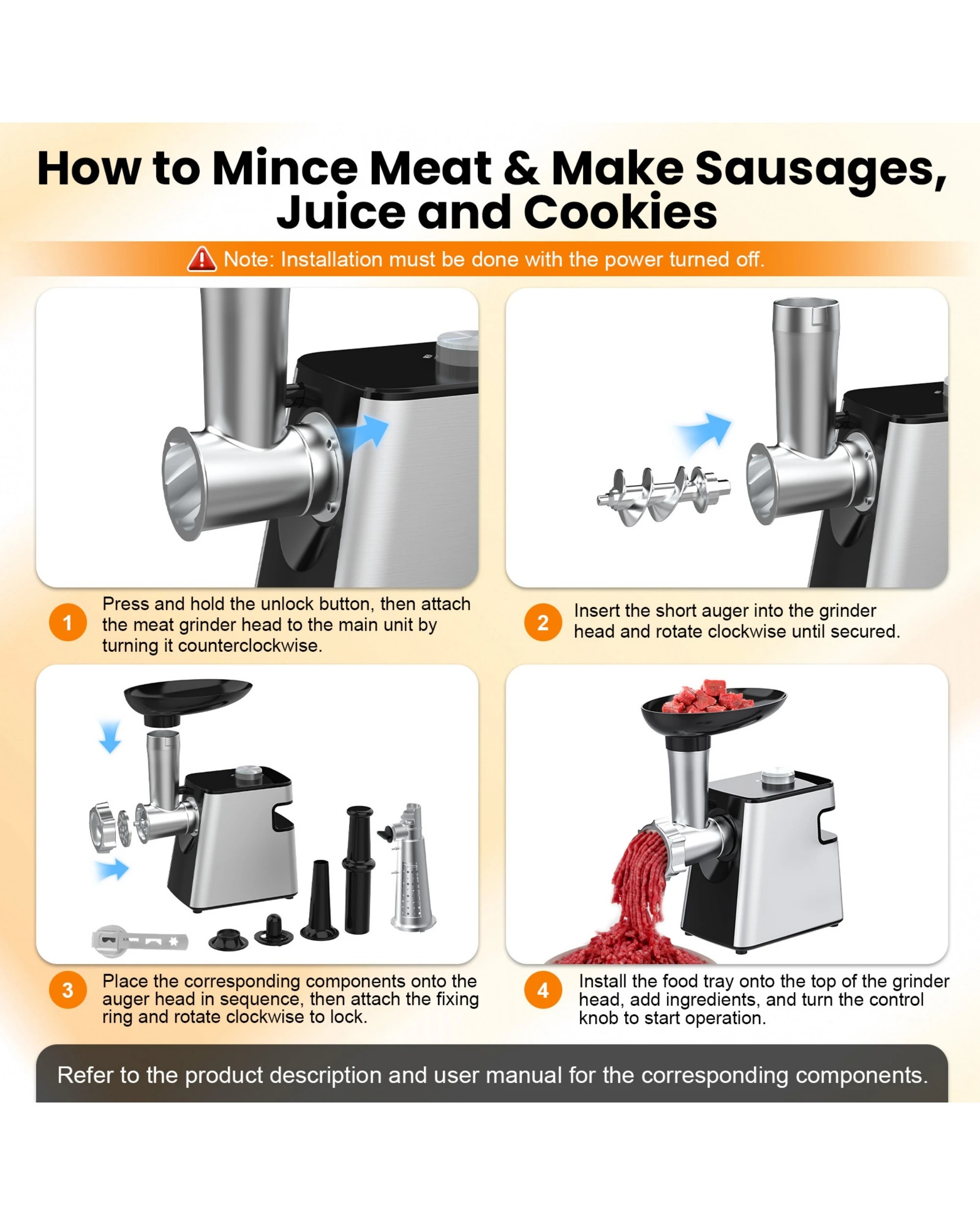 6 Advwin 8-IN-1 Electric Multi Food Processor, Cheese Grater, Meat Grinder Veges Slicer Shredder Sausage Stuffer, 6 of 8