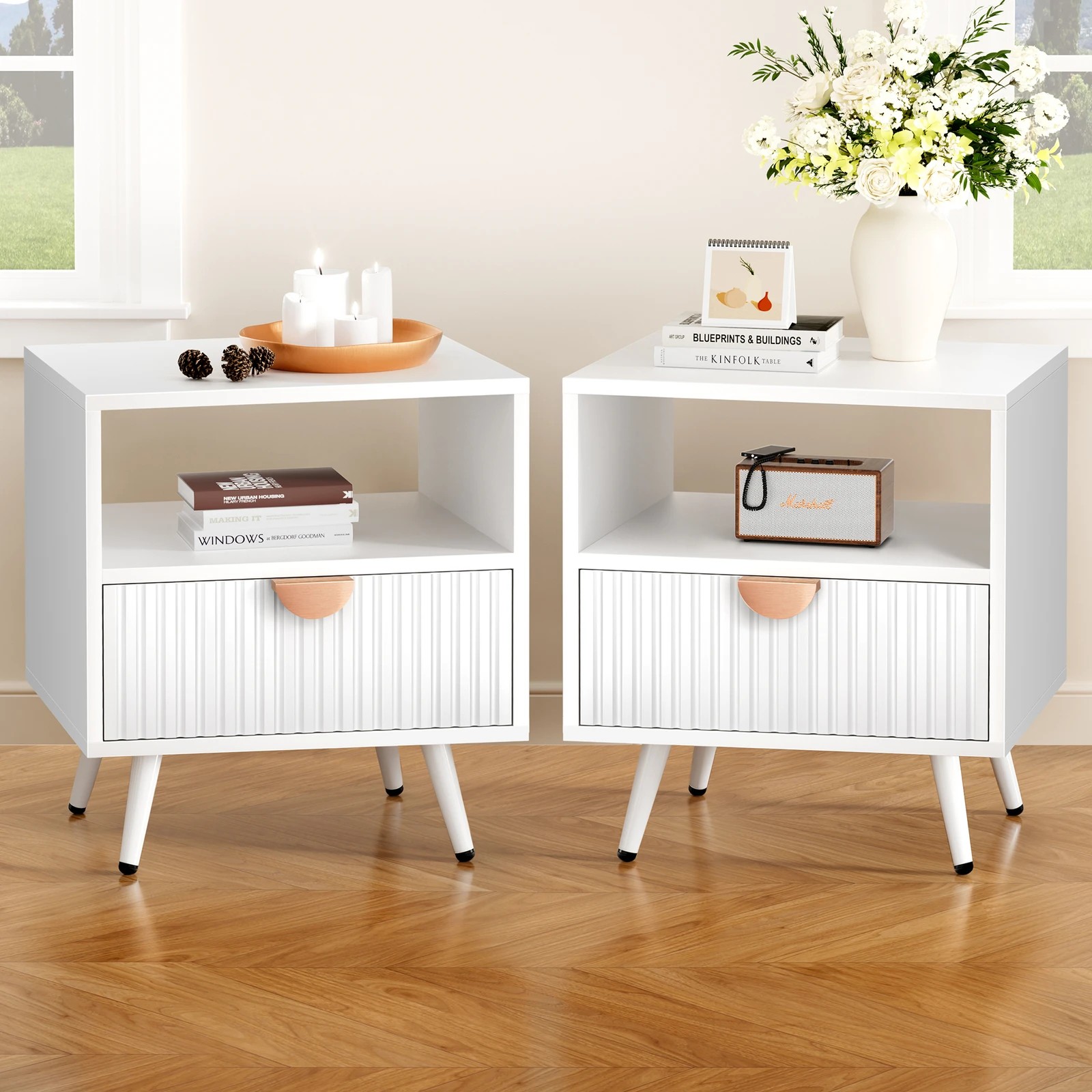 2 Alfordson 2x Bedside Table 1 Drawer Side Storage Shelf Nightstand - White, 2 of 10