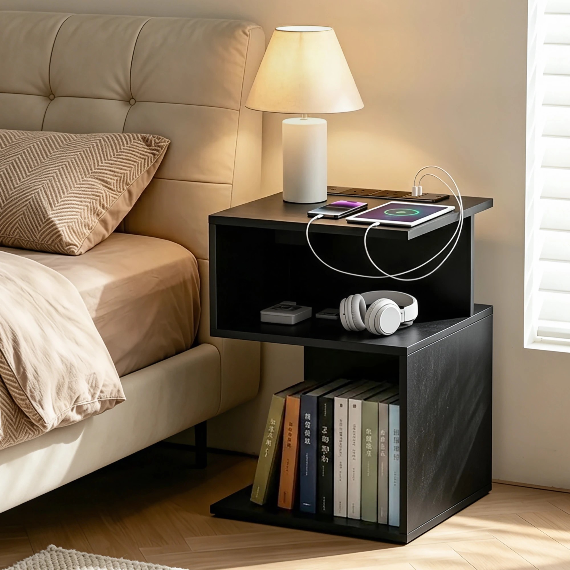 7 Artiss Bedside Table 2 Shelves S-Shaped Charging Station - Black, 7 of 7