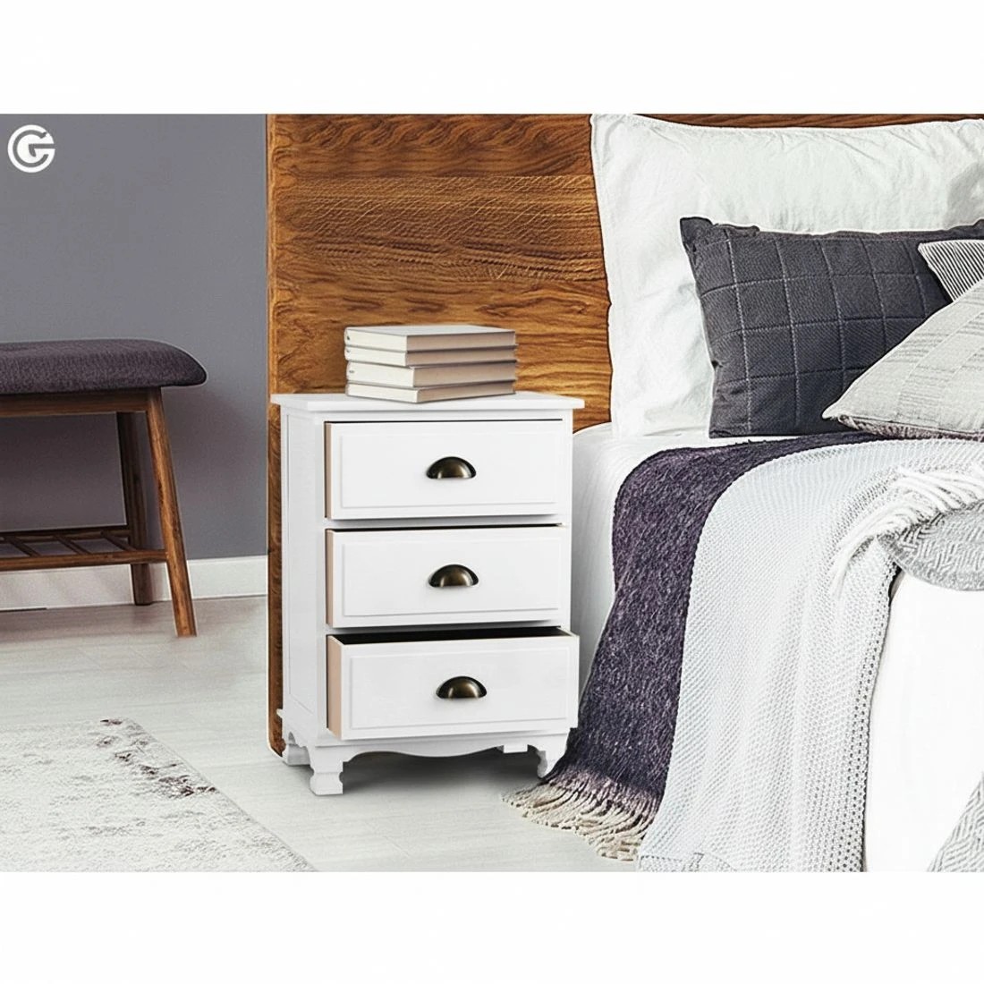 4 Artiss Bedside Table 3 Drawers Vintage - THYME - White, 4 of 5