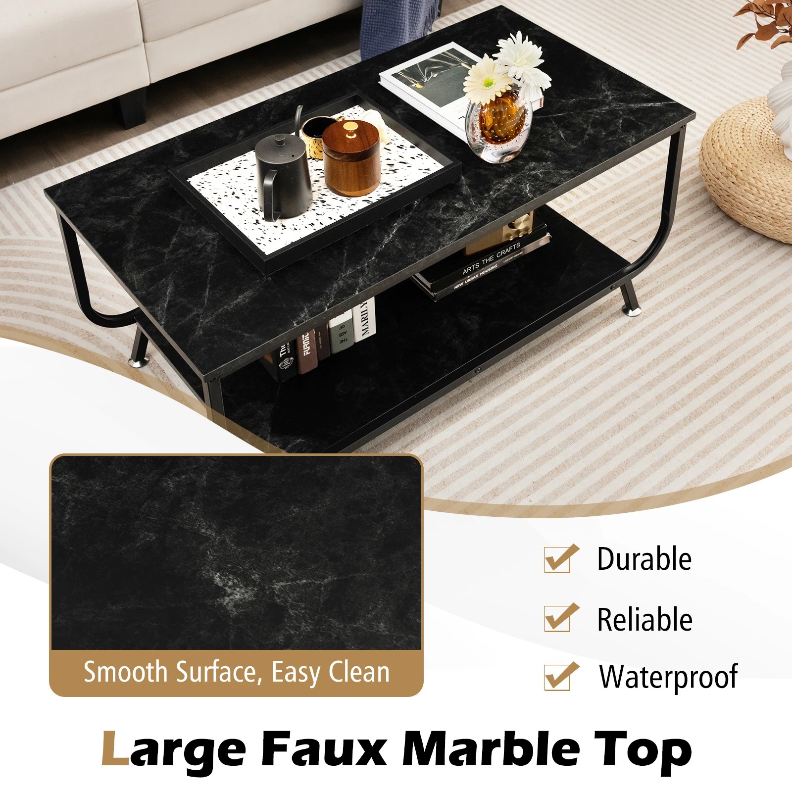 4 Costway 2-Tiers Faux Marble Coffee Table Rectangular Center Table, 4 of 8