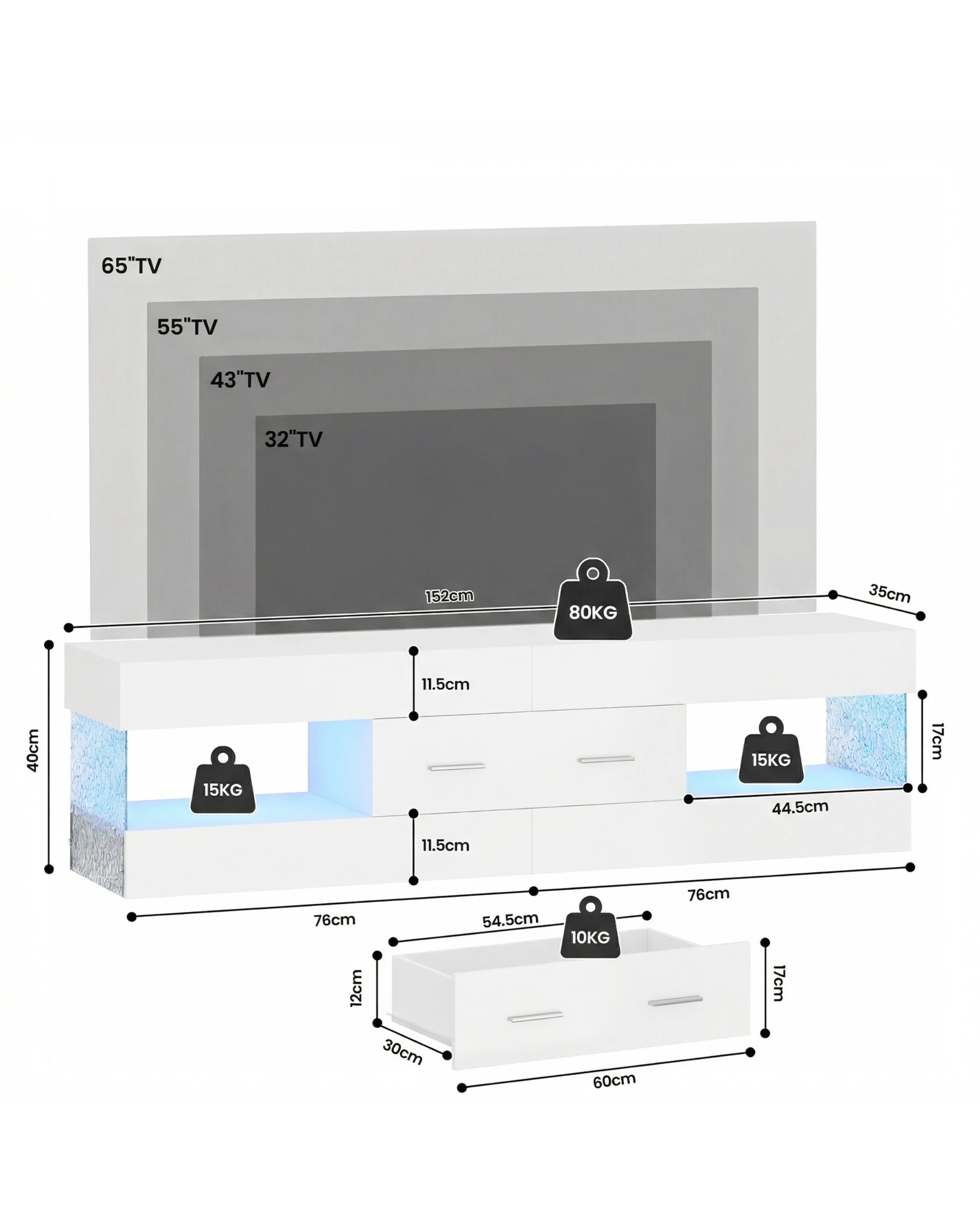 2 Advwin 152cm TV Cabinet LED Entertainment Unit Stand - White, 2 of 8