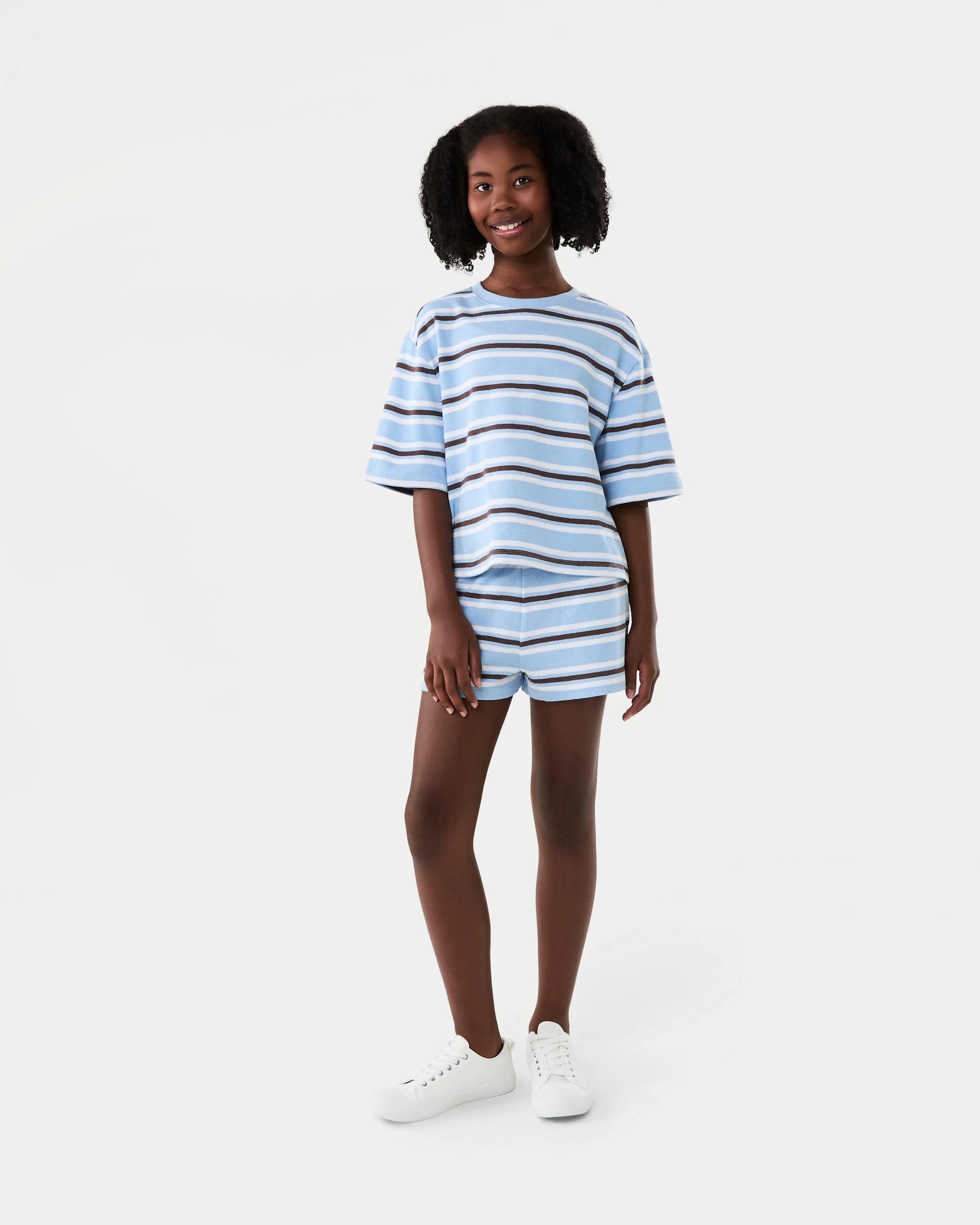 1 Short Sleeve Textured Knit Set Blu Stripe, 1 of 8