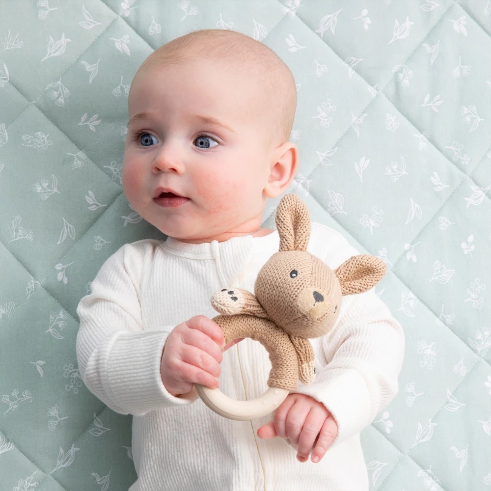 5 Living Textiles Kylie the Kangaroo Baby Ring Rattle – Plush Sensory Toy, Australiana Collection, Assorted, 5 of 5