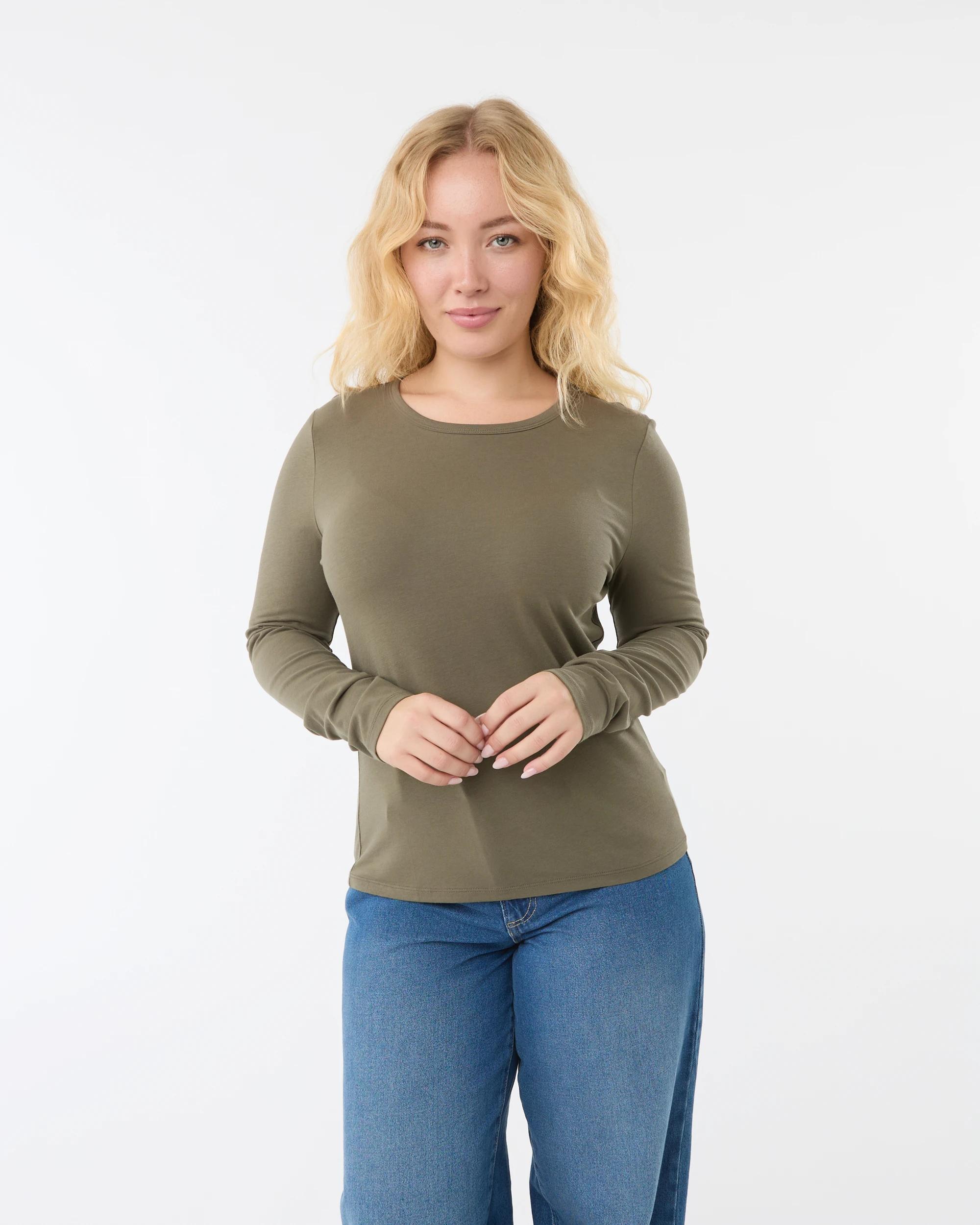1 Long Sleeve Stretch Crew Neck T-shirt Dark Olive, 1 of 6