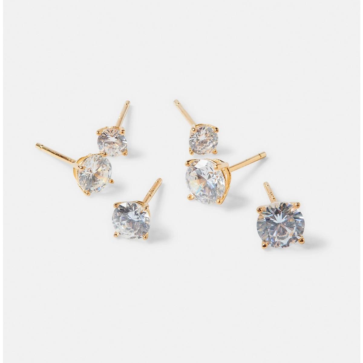 3 3 Pack Gold Plated Sterling Silver Diamante Stud Earrings Gold, 3 of 5