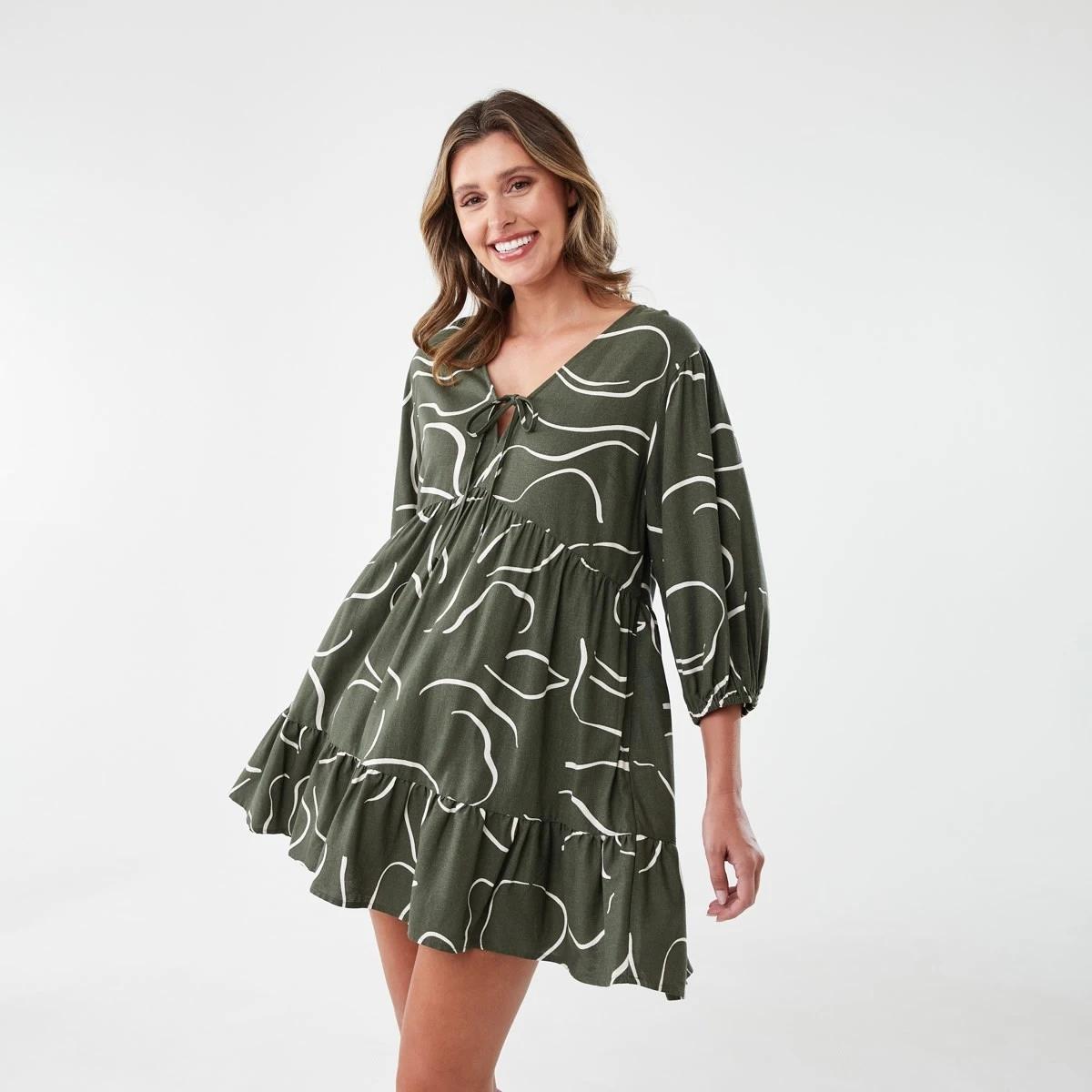 1 3/4 Balloon Sleeve Tie Front Mini Dress Abst Line, 1 of 7