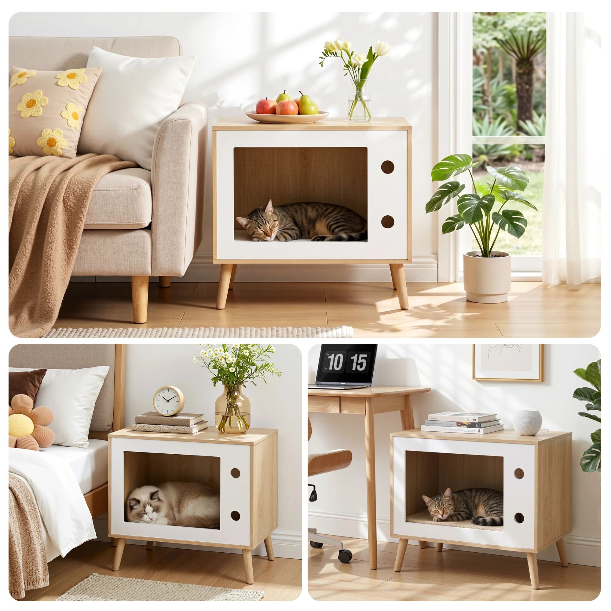 6 Artiss Cat Nest House Bedside Table Solid Wood Storage Cat Bed 60cm - Natural, 6 of 7