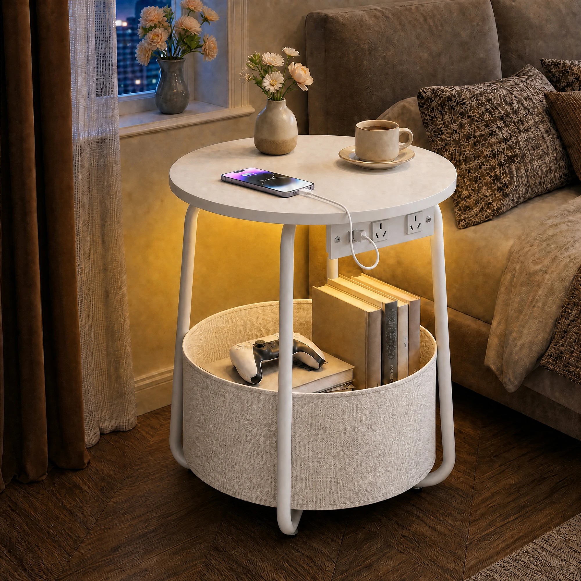 3 Advwin Small Round Side Table with Charging Station Nightstand with Fabric Basket - White, 3 of 8