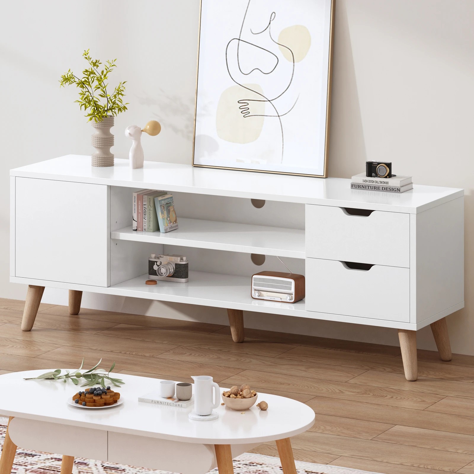 1 Alfordson Entertainment Unit 120cm TV Cabinet Stand Storage Drawer - White, 1 of 9