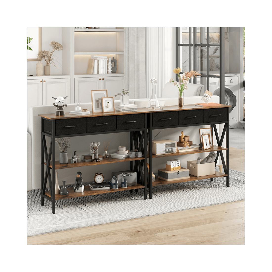 3 Advwin 3-Tier Console Table w/ 3 Drawers Hallway Table Narrow Entryway Display Table Walnut, 3 of 9