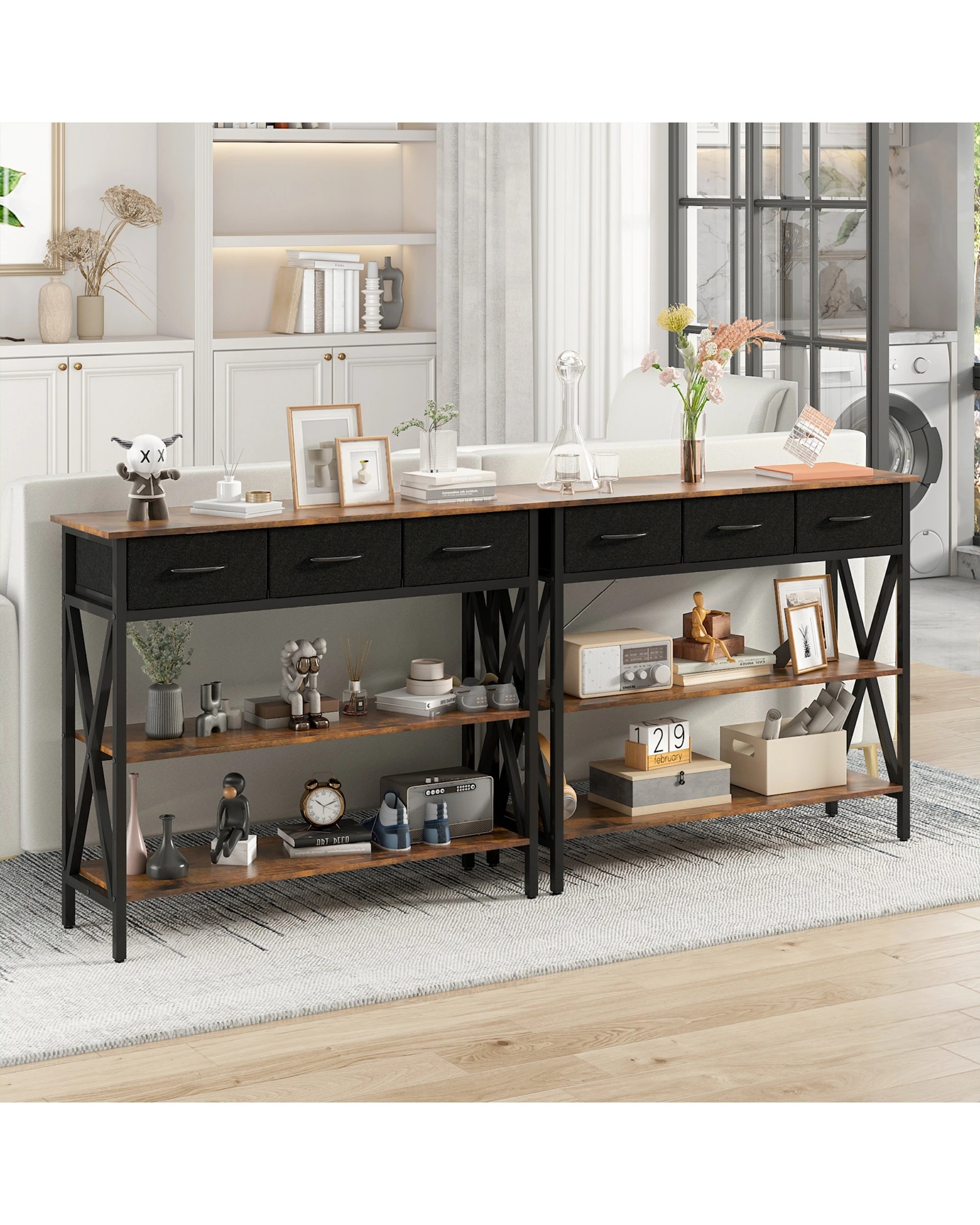 3 Advwin 3-Tier Console Table w/ 3 Drawers Hallway Table Narrow Entryway Display Table Walnut, 3 of 9