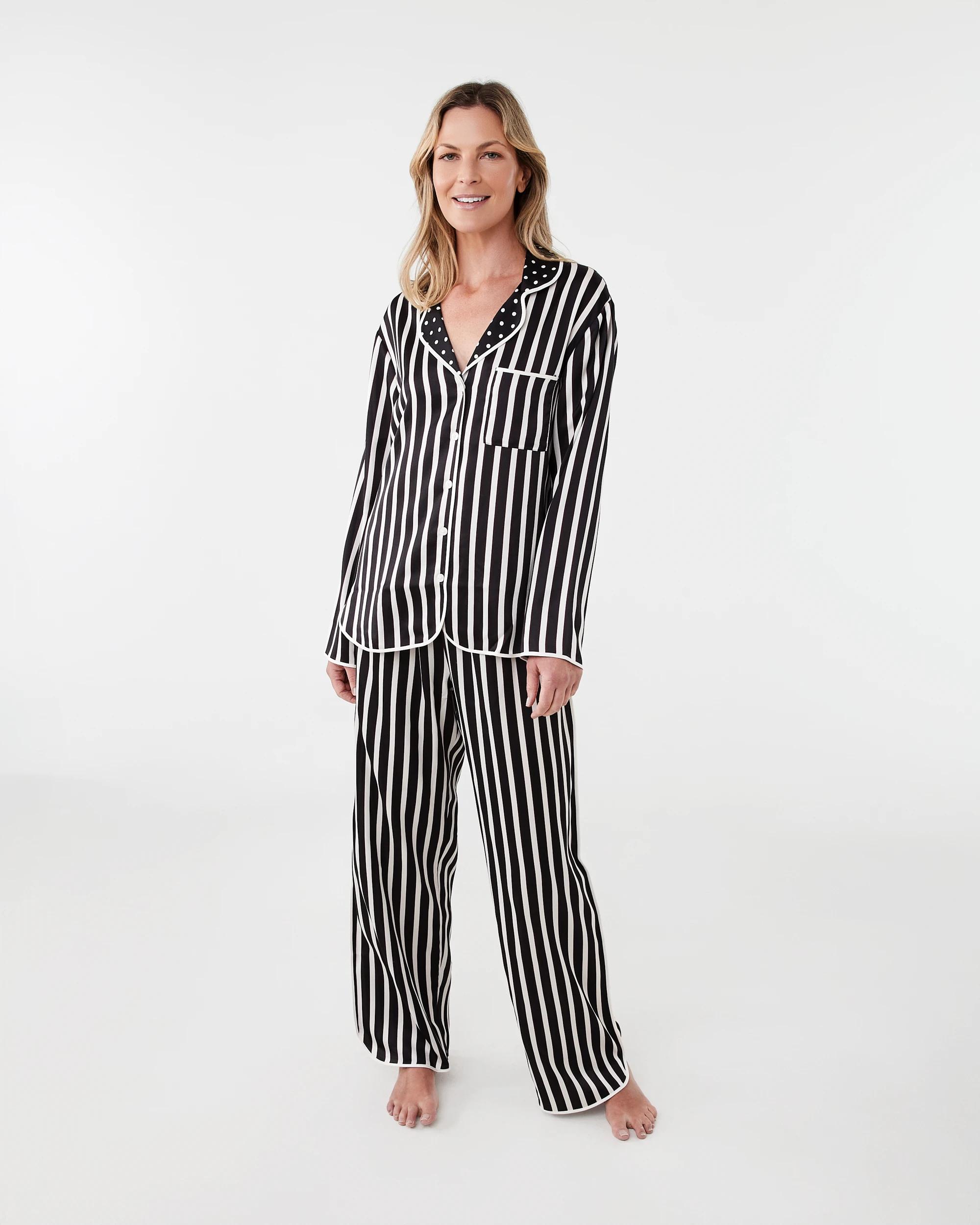 1 Matte Satin Long Sleeve Top and Pants Pyjama Set Mono Strp, 1 of 7