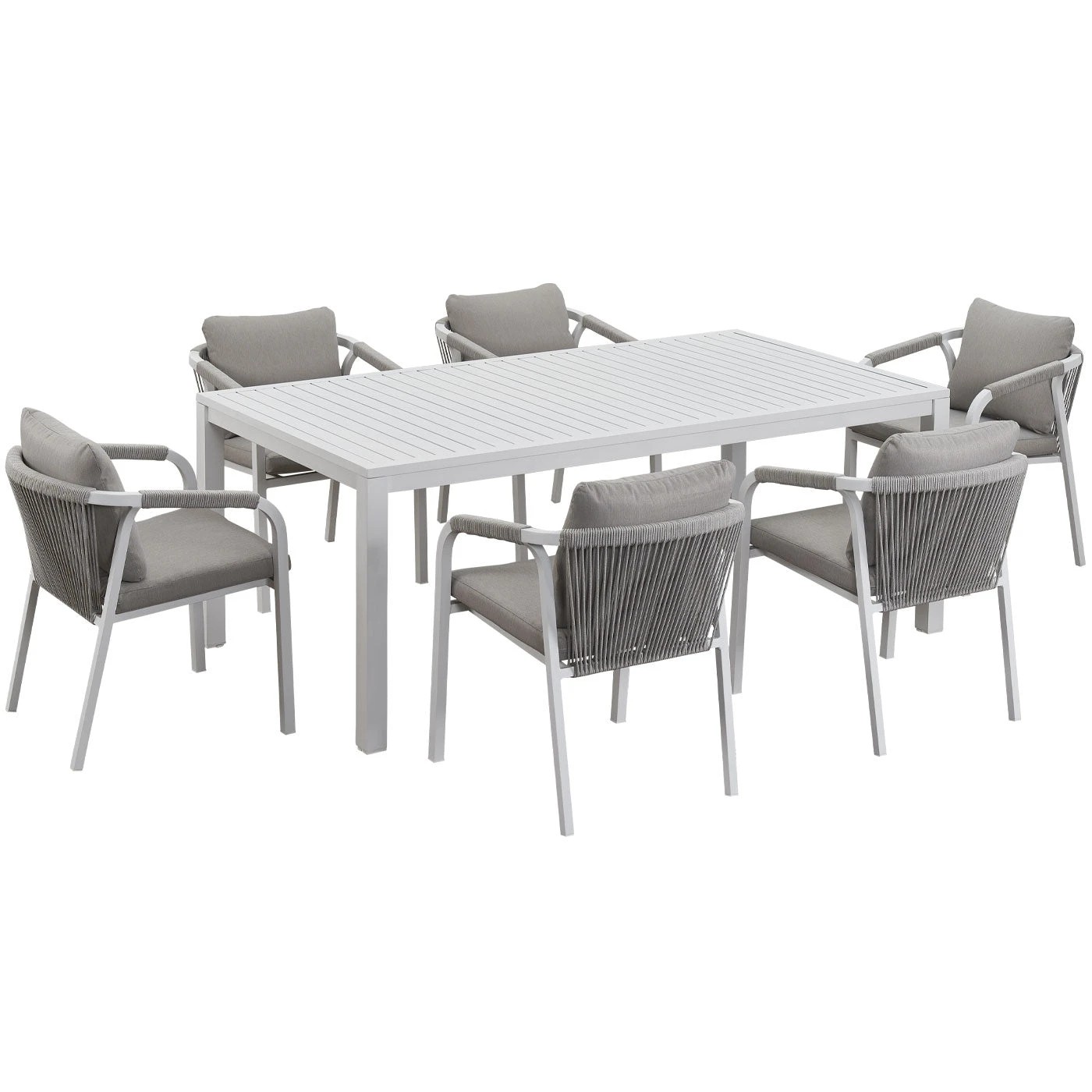 1 Moda Living La Perouse 7-Piece White Aluminium Outdoor Dining Set - Light Beige Cushion - White, 1 of 10