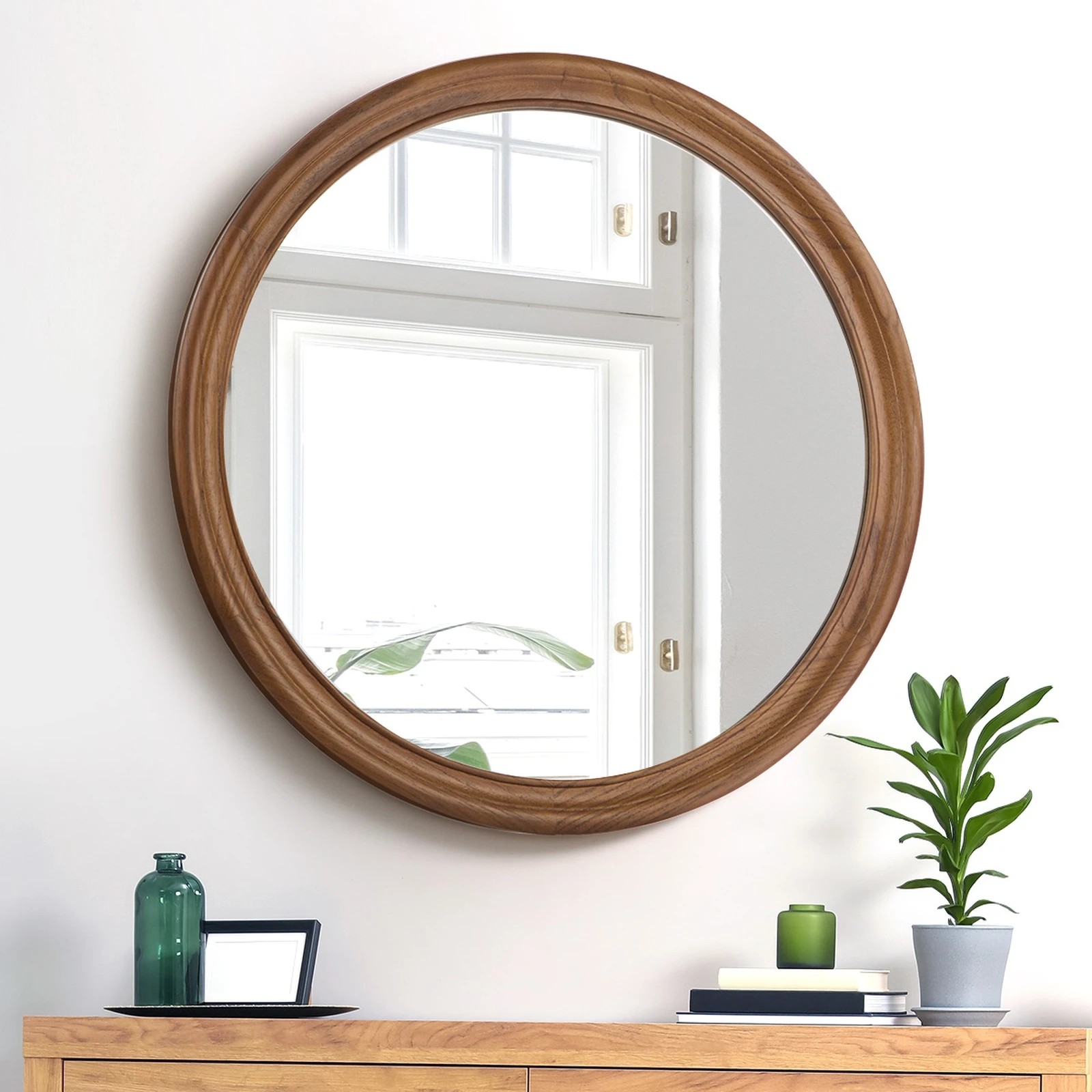 4 Oikiture Round Wall Mirror 80cm Wooden Frame Decor - Brown, 4 of 9