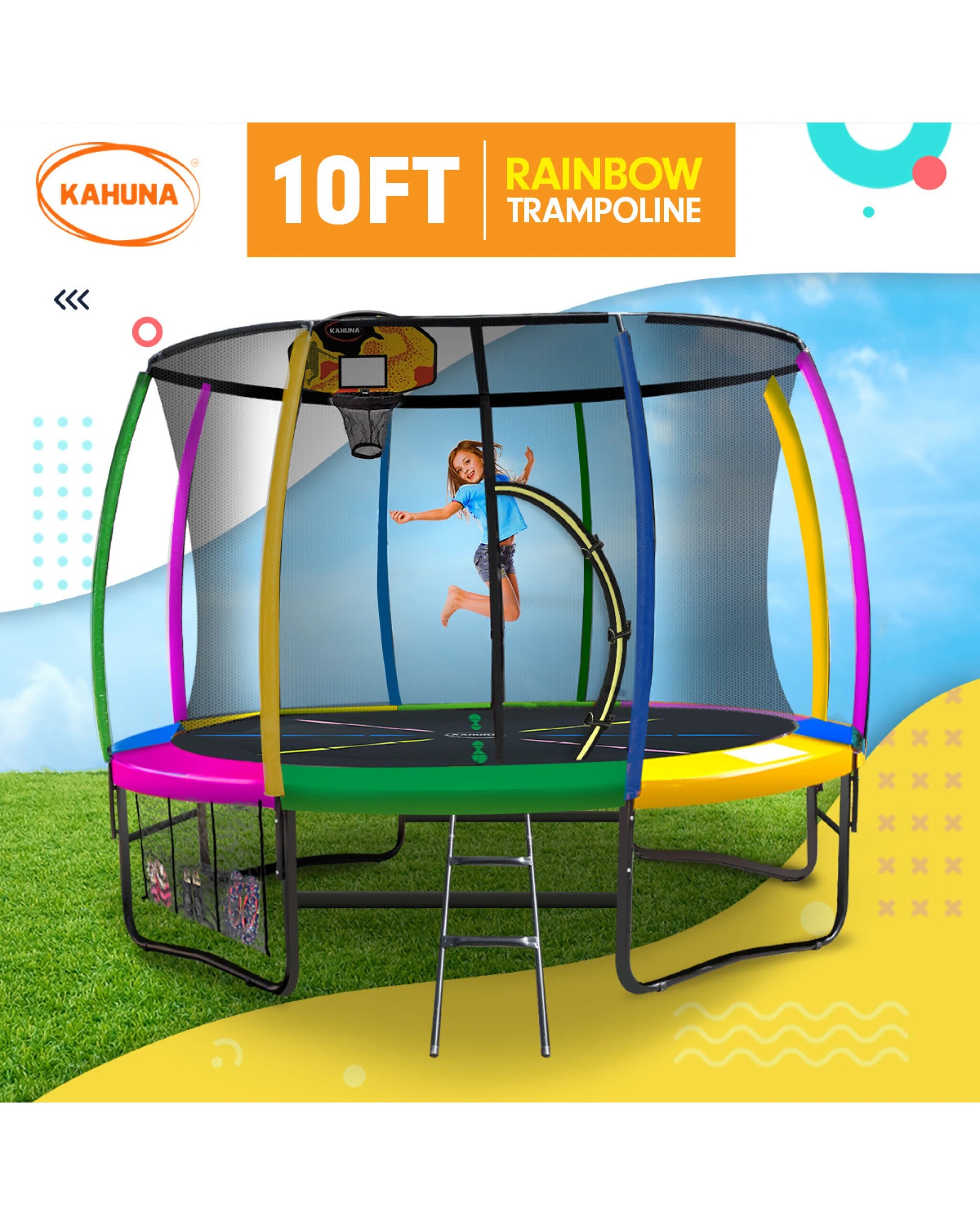 3 Kahuna Trampoline 10 ft with Basketball Set - Pattern, 3 of 7