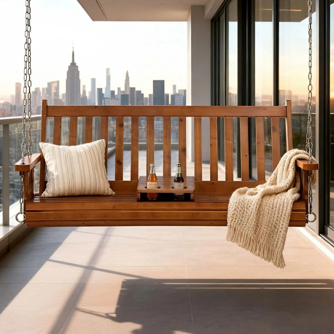 4 Gardeon Porch Outdoor Swing Chair Patio Furniture Wooden Bench 2 Seat Cup Holder - Brown, 4 of 6