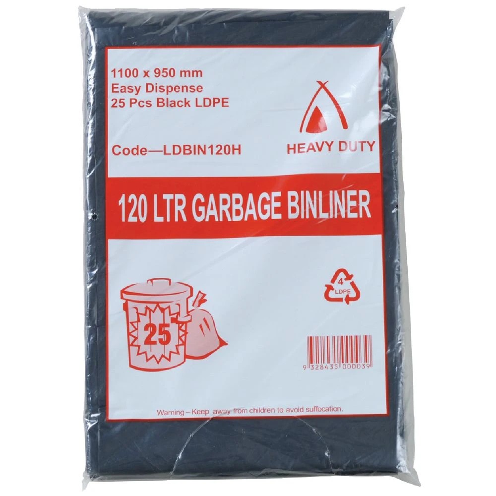 1 Tailored Packaging Heavy Duty Bin Liners 120L 25 Pack Black, 1 of 1