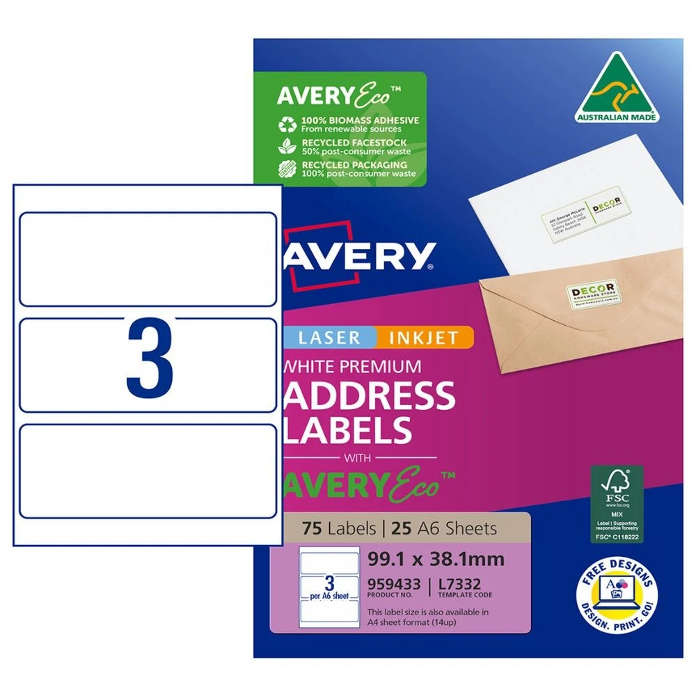 1 Avery Premium White Shipping Labels AveryEco A6 3UP 25 Sheets, 1 of 8