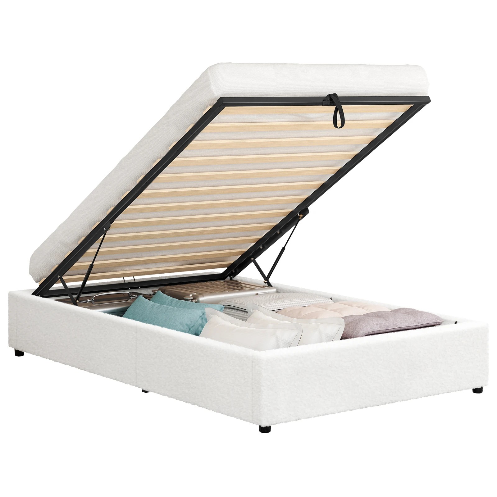 1 Alfordson Bed Frame Single Size Gas Lift Storage Mattress Base Boucle Barlow - White, 1 of 9