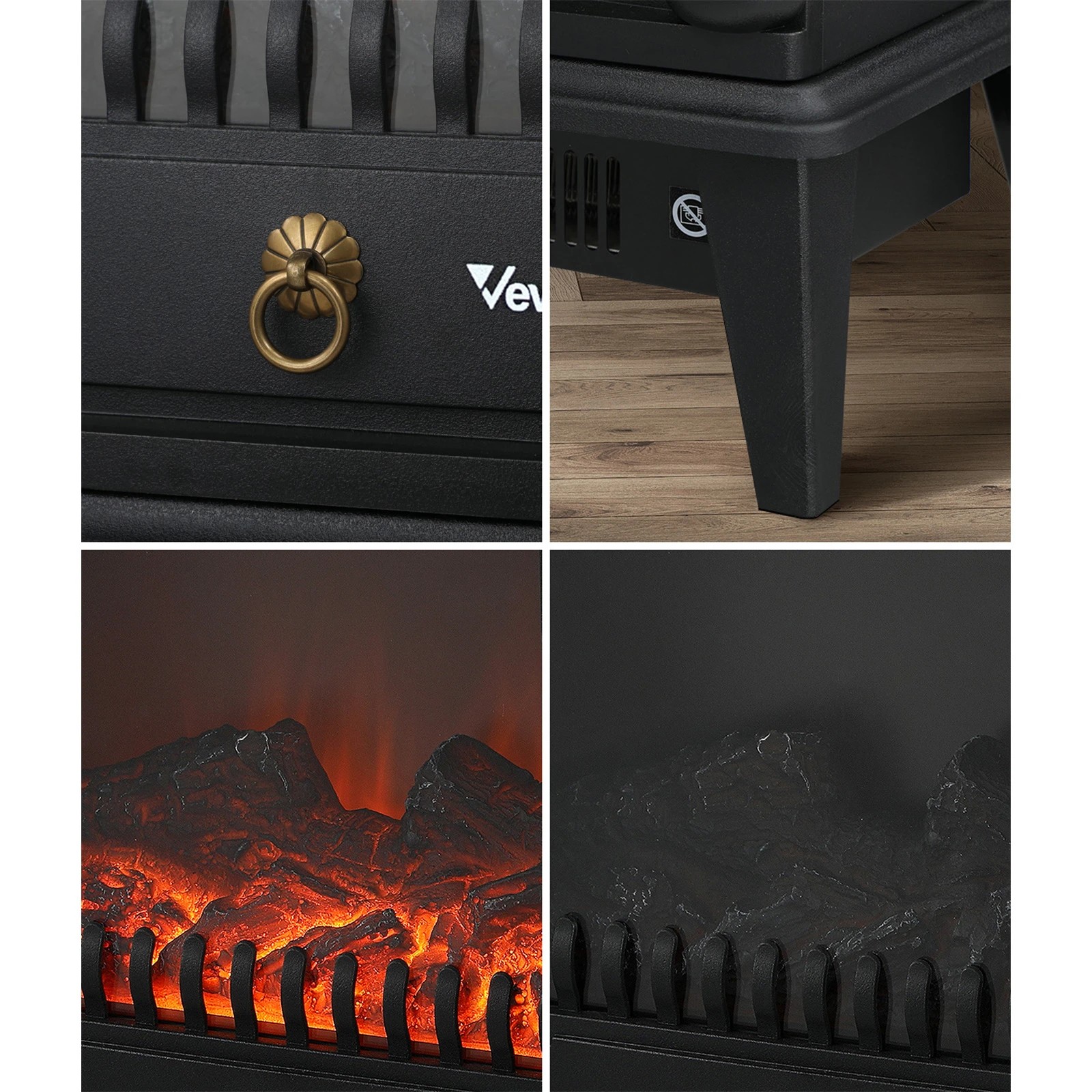 4 Vevare Electric Fireplace Heater Freestanding Indoor 3D Flame Effect 2000W - Black, 4 of 9