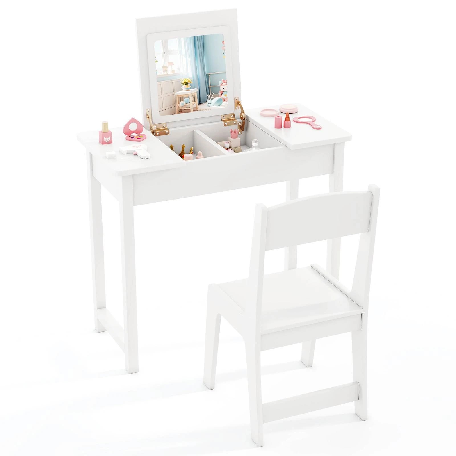 1 Costway 2 in 1 Flip up Makeup Vanity Dressing Table Chair Set w/Mirror - White, 1 of 3