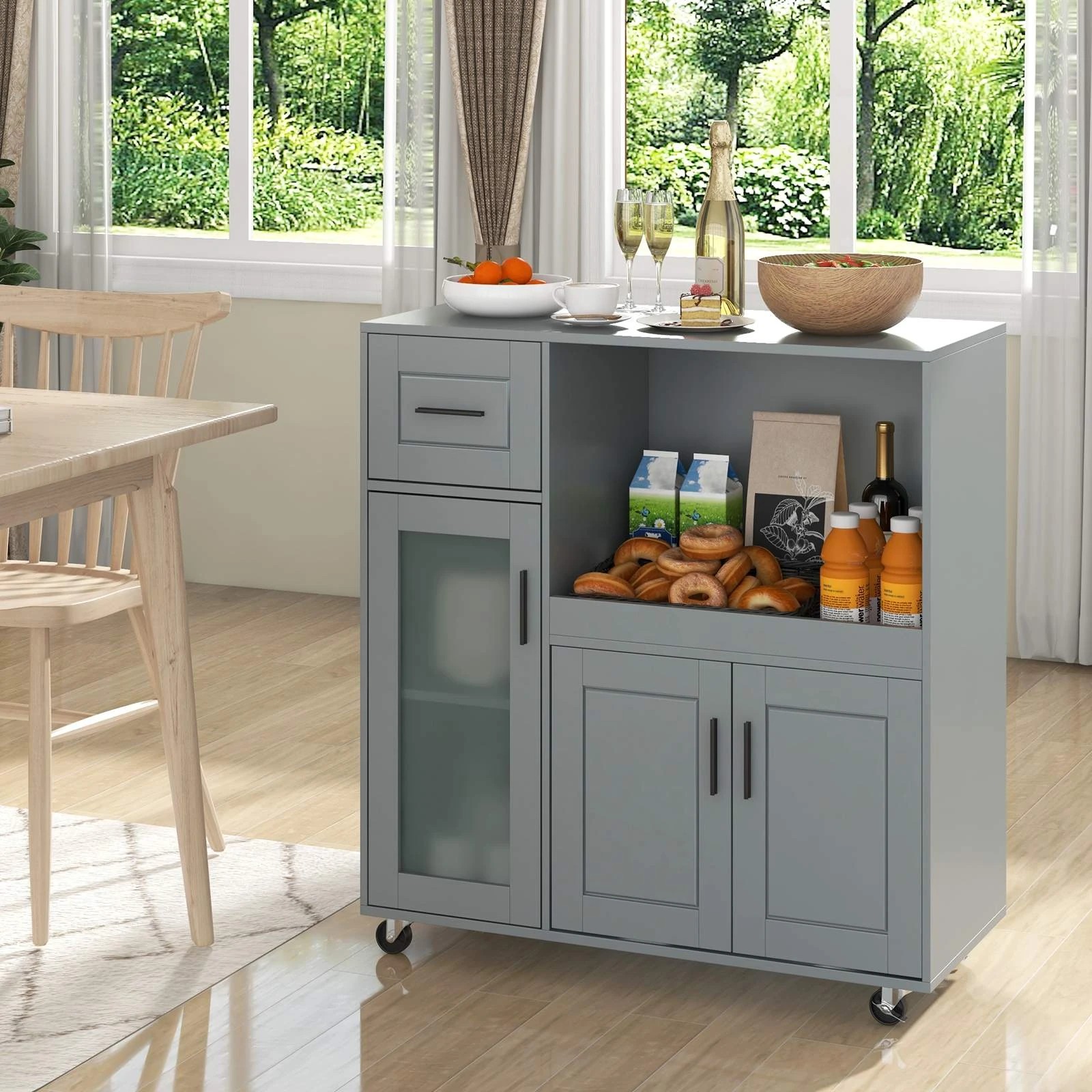 2 Costway Kitchen Island Trolley Mobile Storage Cabinet Buffet Sideboard w/Adjustable Shelf - Grey, 2 of 3