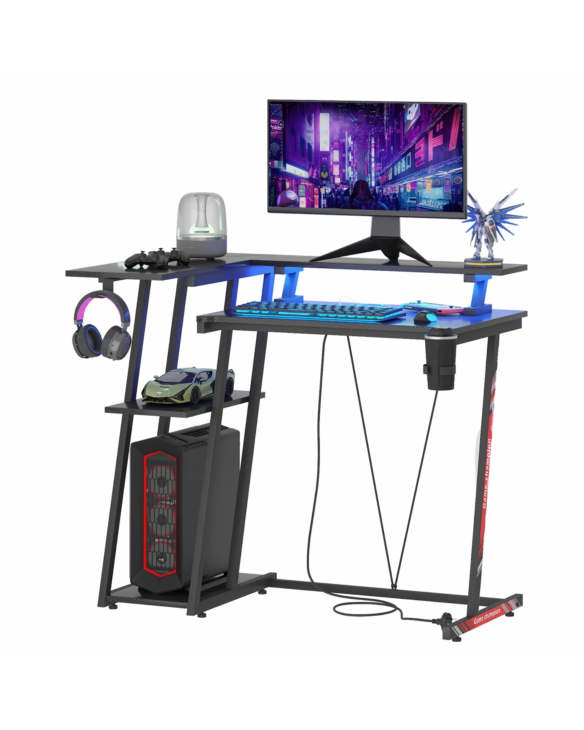 6 Advwin L Shaped Gaming Desk with LED Lights & Power Outlets Reversible Storage Shelf 100cm - Black, 6 of 10