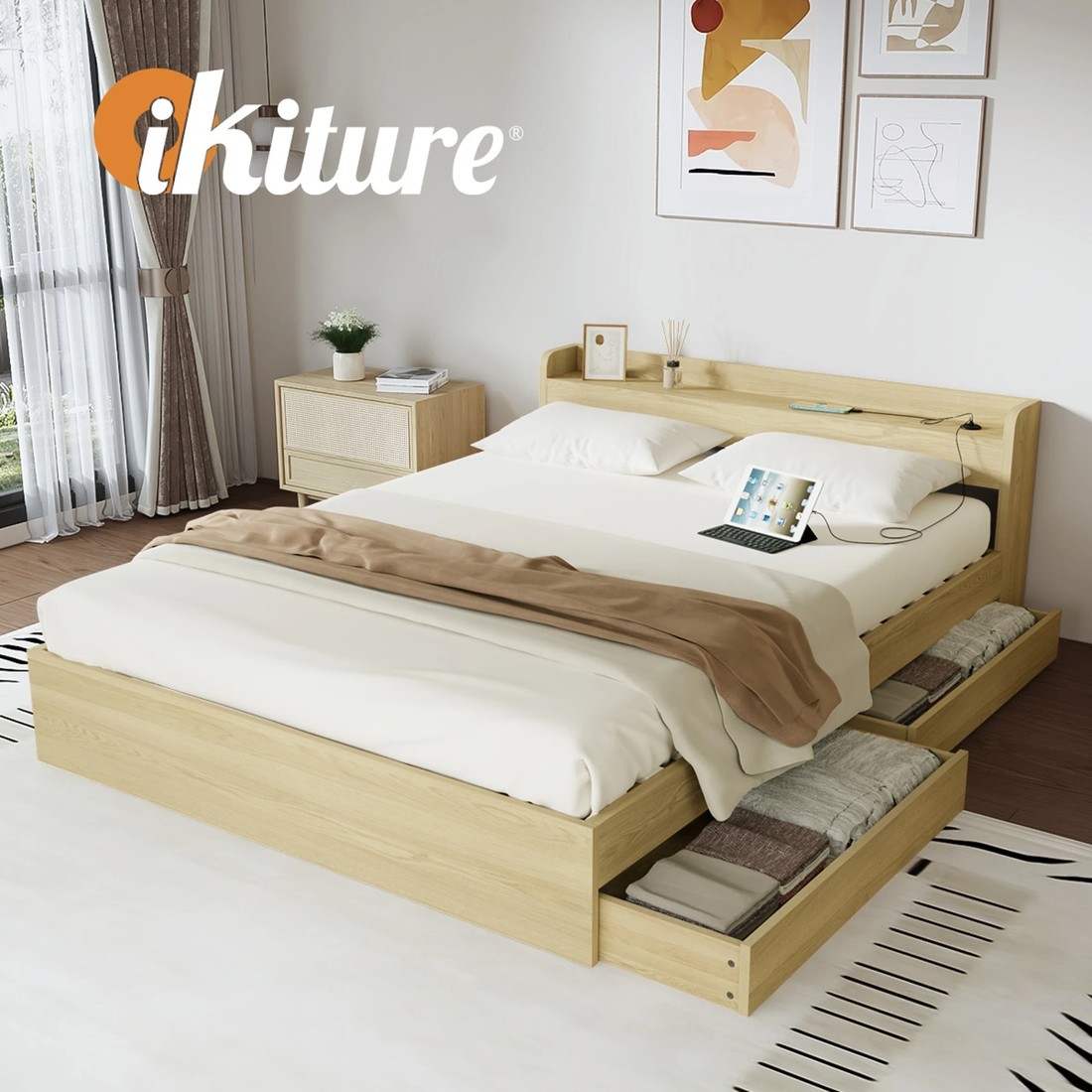 6 Oikiture Double Bed With Charging Ports & 2 Drawers Timber Bed Frame
 - Natural, 6 of 10