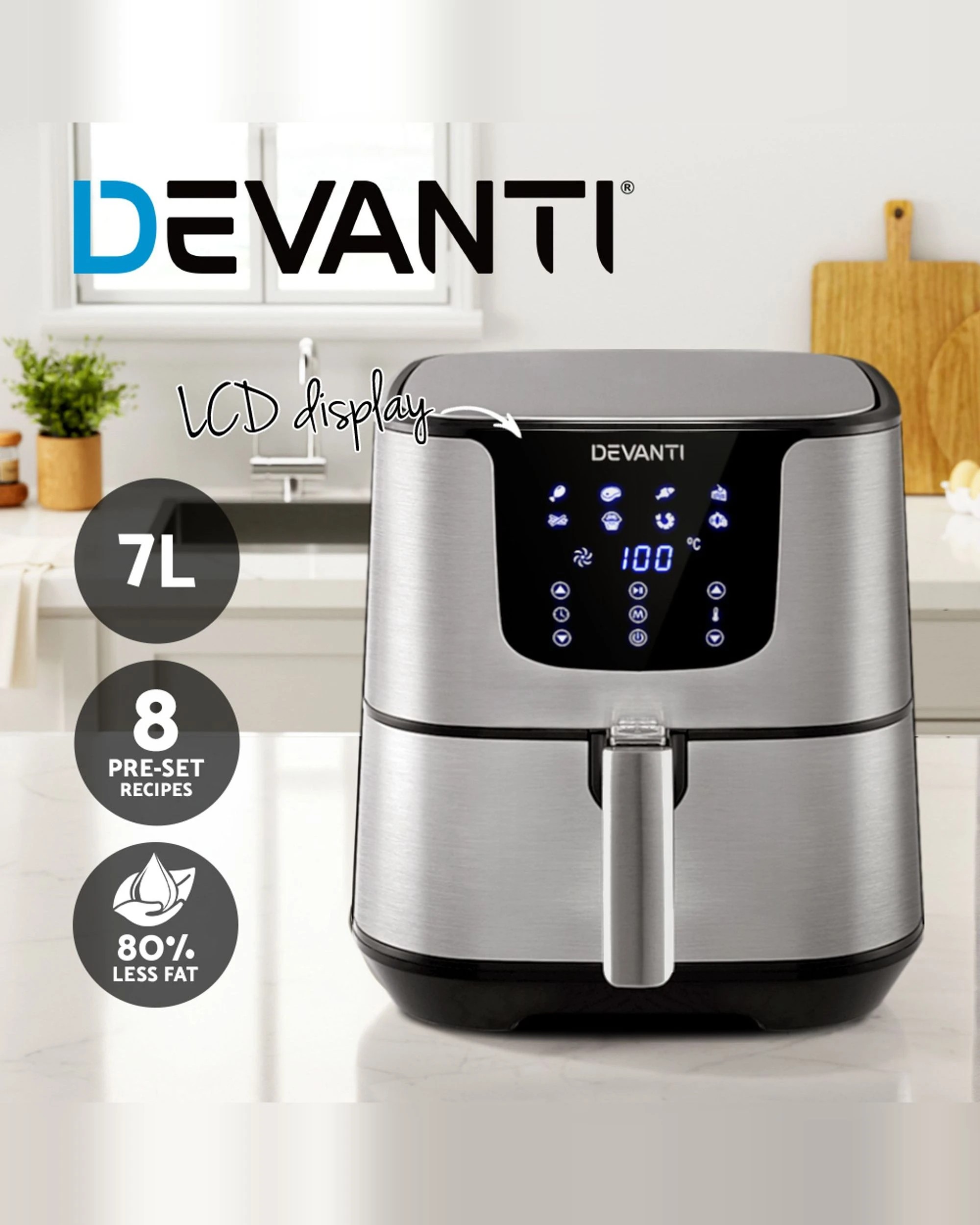 3 Devanti Air Fryer 7L LCD Fryers Stainless Steel - Silver, 3 of 4